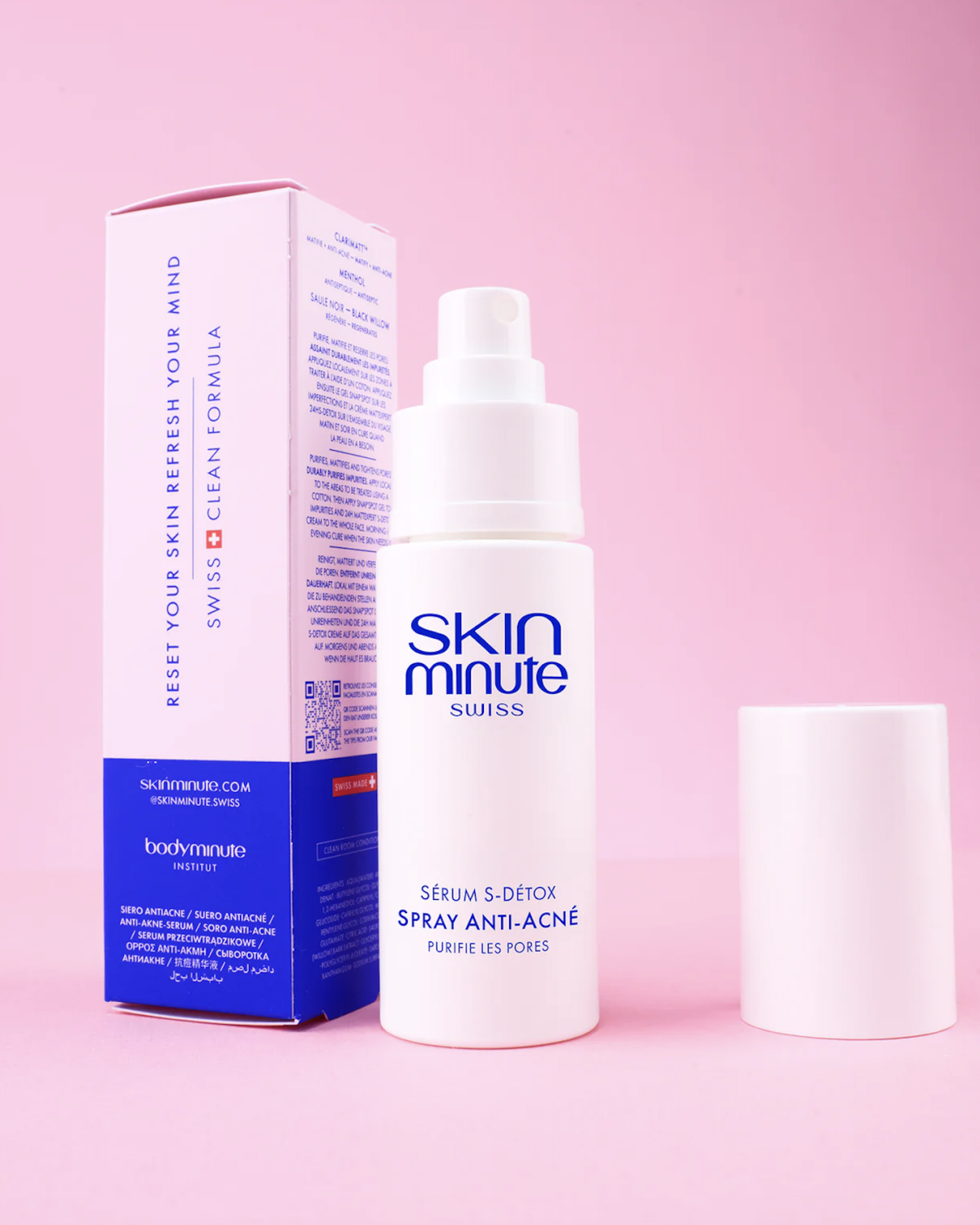 SKIN MINUTE S-DETOX ANTI-ACNE SPRAY SERUM 
Mattító bőrspray mentollal és fekete borssal<br>Tisztító és mattító pattanás elleni spray