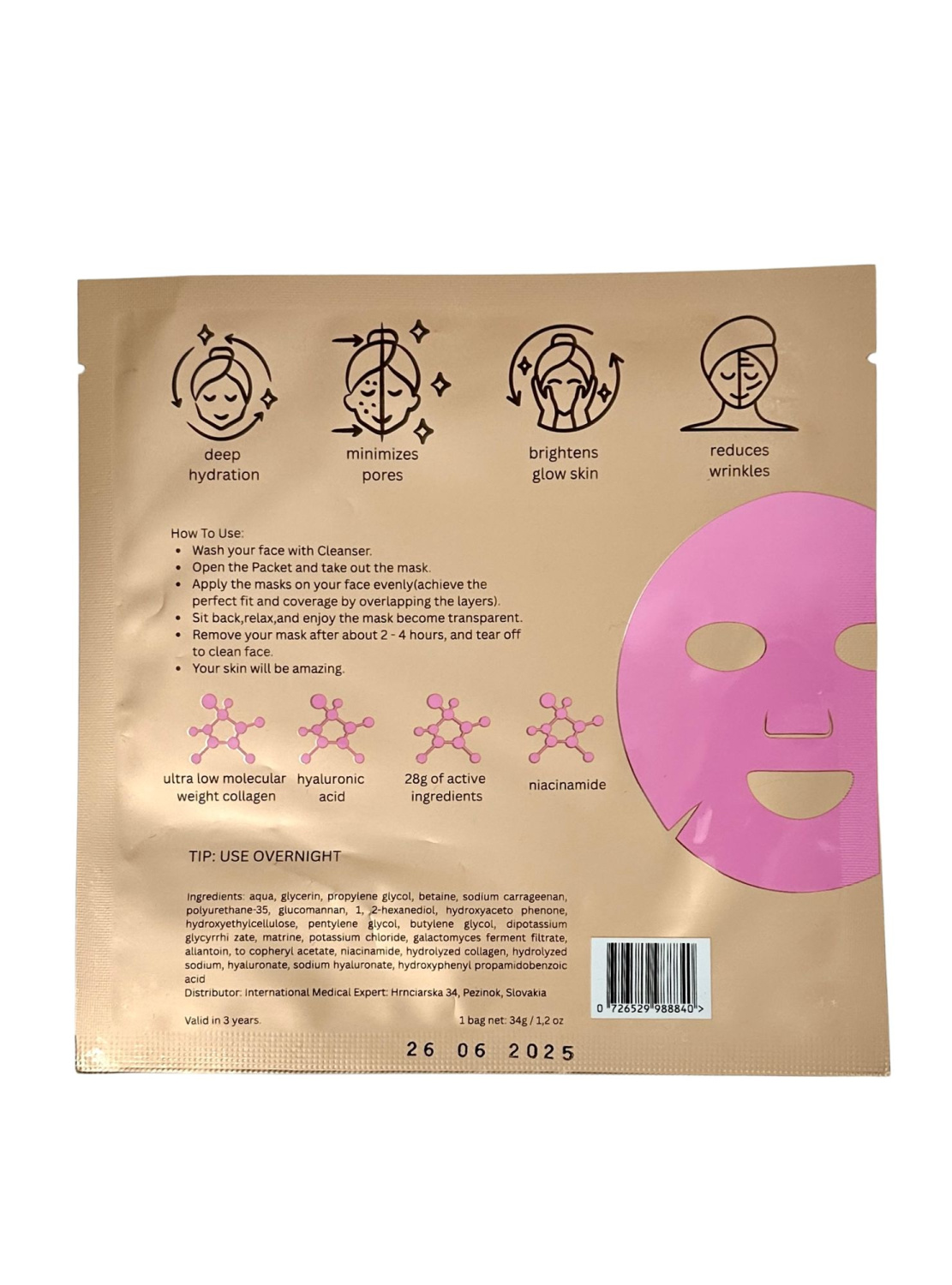 MEDICALS COSMETICS QUEEN COLLAGEN PINK MASK 
Hidrogél arckezelő maszk Medicals Cosmetics kollagénnel, hialuronsavval és niacinamiddal