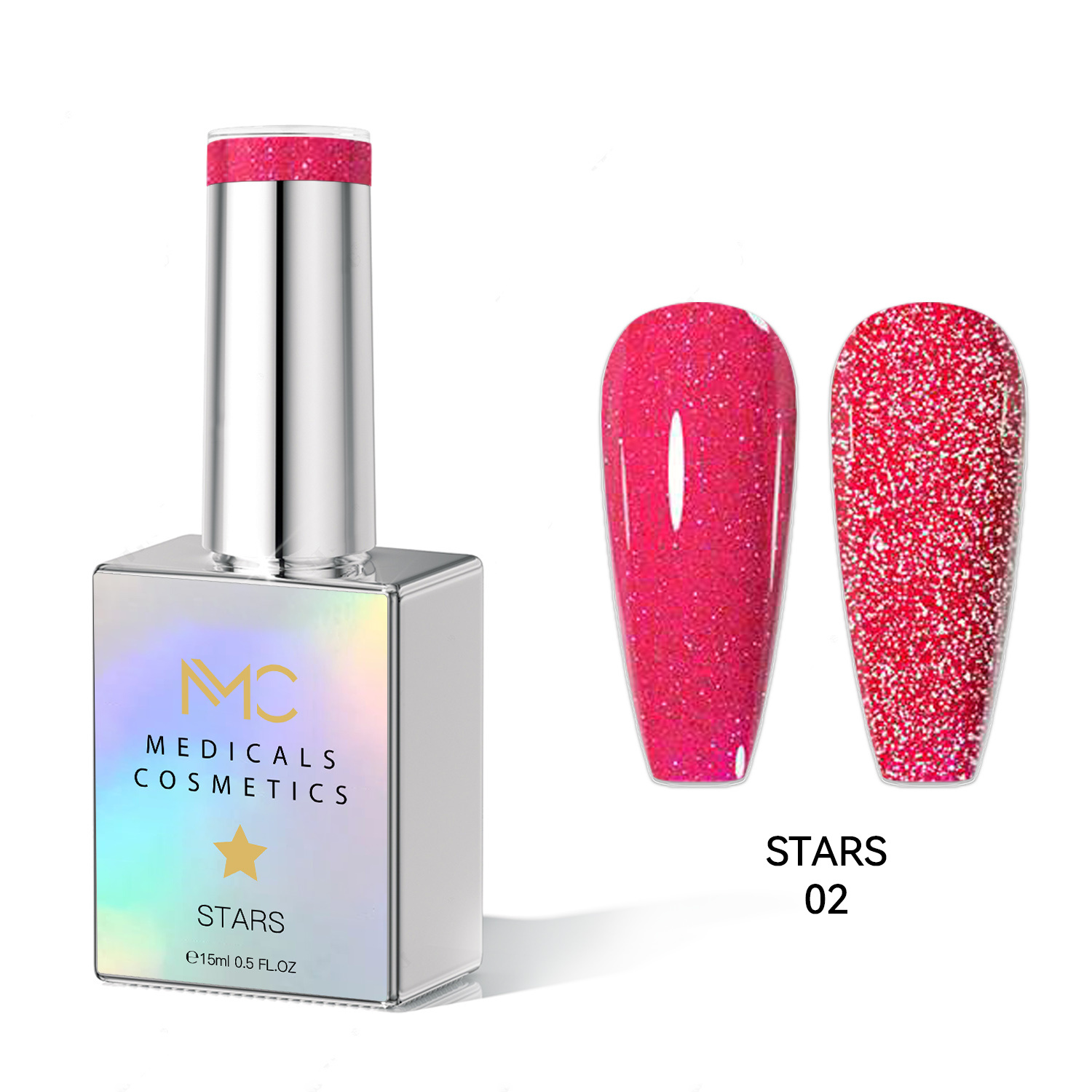 STARS GEL POLISH - HEMA FREE - PROFESSIONAL MEDICALS COSMETICS - NAILS COLOR REFLECTIVE GEL 
MC STARS 02 - Rózsaszín körömgél csillogó hatással, UV lámpa alatt. HEMA FREE
