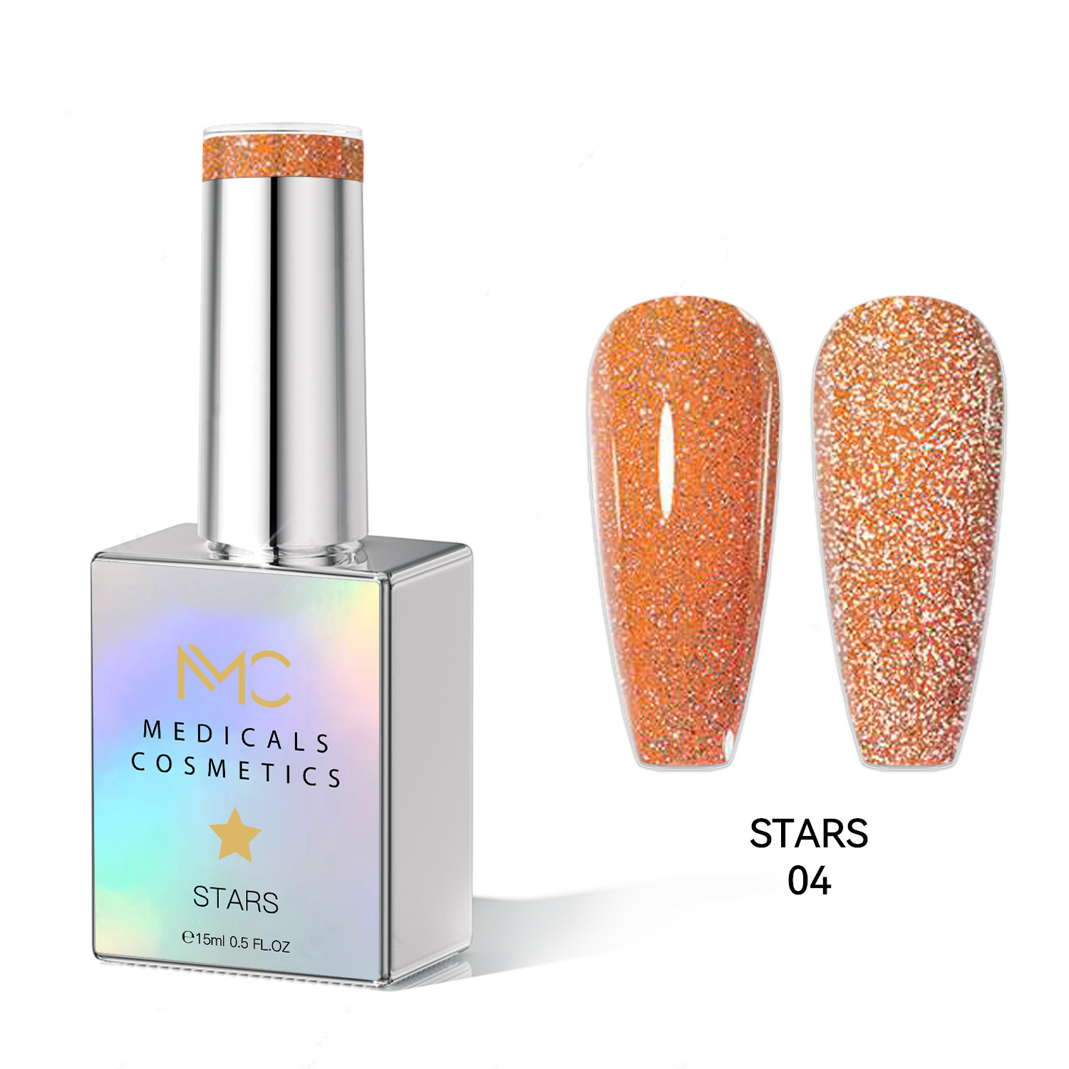 STARS GEL POLISH - HEMA FREE - PROFESSIONAL MEDICALS COSMETICS - NAILS COLOR REFLECTIVE GEL 
MC STARS 04 - Narancssárga körömgél csillogó hatással, UV lámpa alatt. HEMA FREE