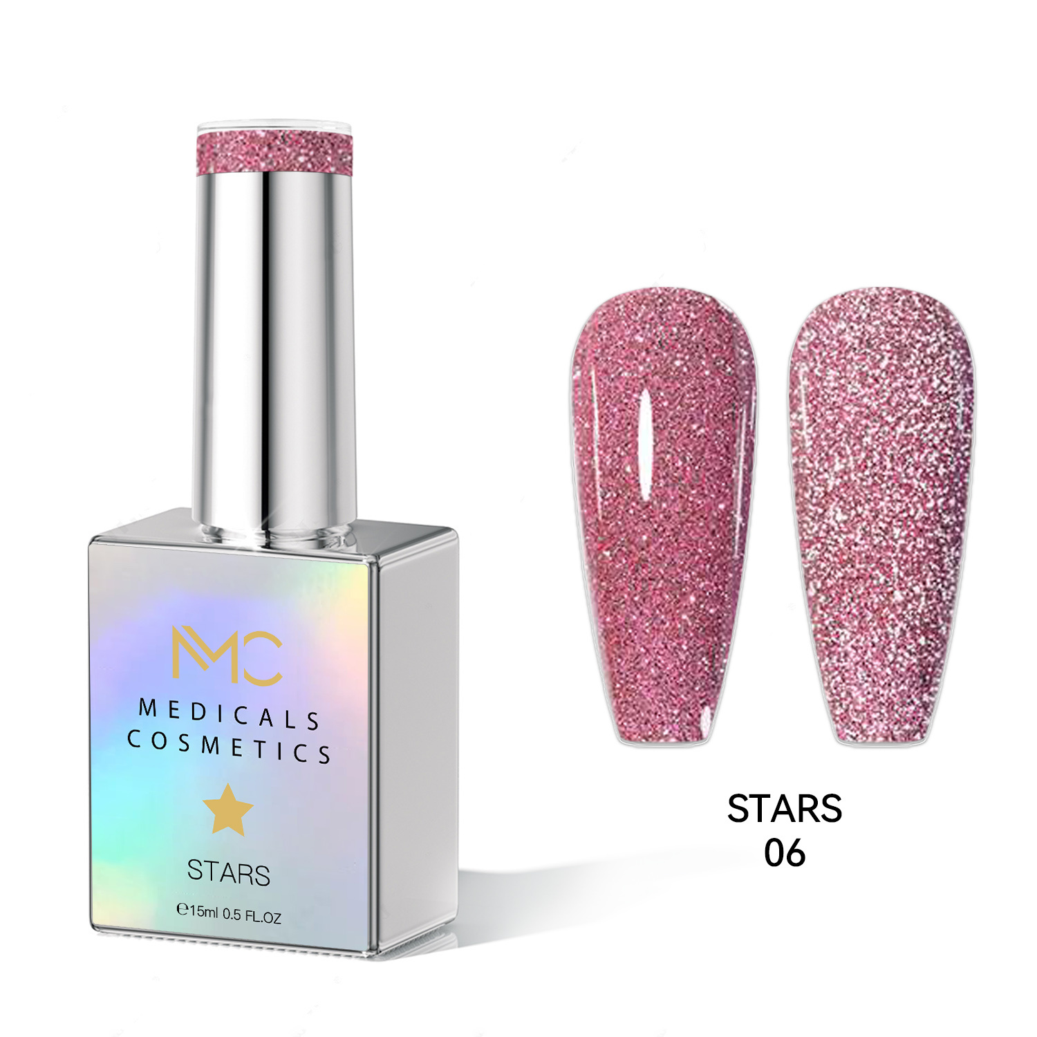 STARS GEL POLISH - HEMA FREE - PROFESSIONAL MEDICALS COSMETICS - NAILS COLOR REFLECTIVE GEL 
MC STARS 06 - Rózsaszín körömgél csillogó hatással UV-lámpa alatt. HEMA-MENTES
