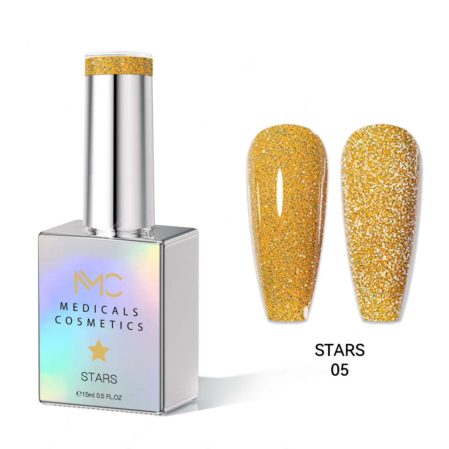 STARS GEL POLISH - HEMA FREE - PROFESSIONAL MEDICALS COSMETICS - NAILS COLOR REFLECTIVE GEL 
MC STARS 05 - Sárga körömgél csillogó hatással UV-lámpa alatt. HEMA FREE