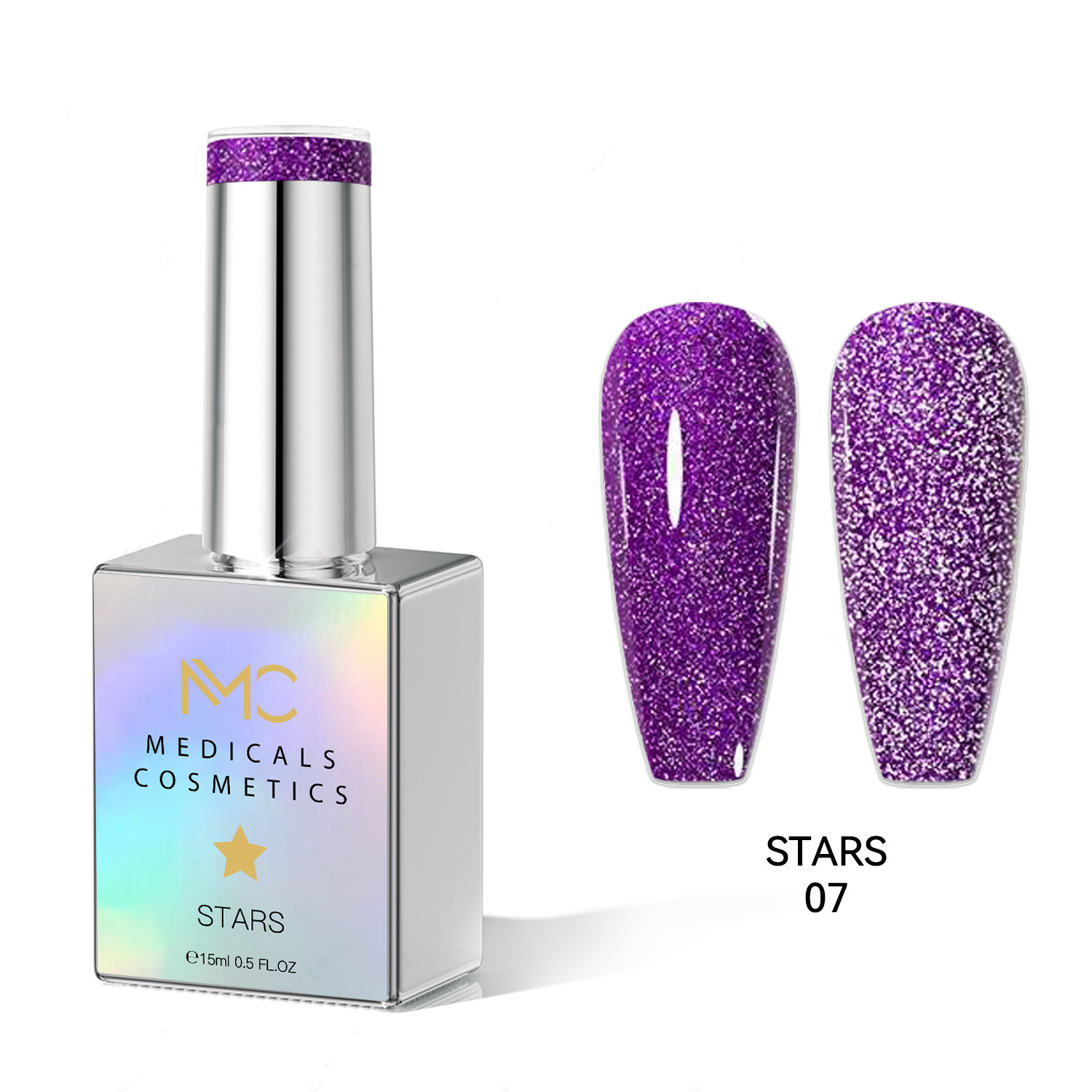 STARS GEL POLISH - HEMA FREE - PROFESSIONAL MEDICALS COSMETICS - NAILS COLOR REFLECTIVE GEL 
MC STARS 07 - Lila körömgél csillogó hatással, UV lámpa alatt. HEMA FREE