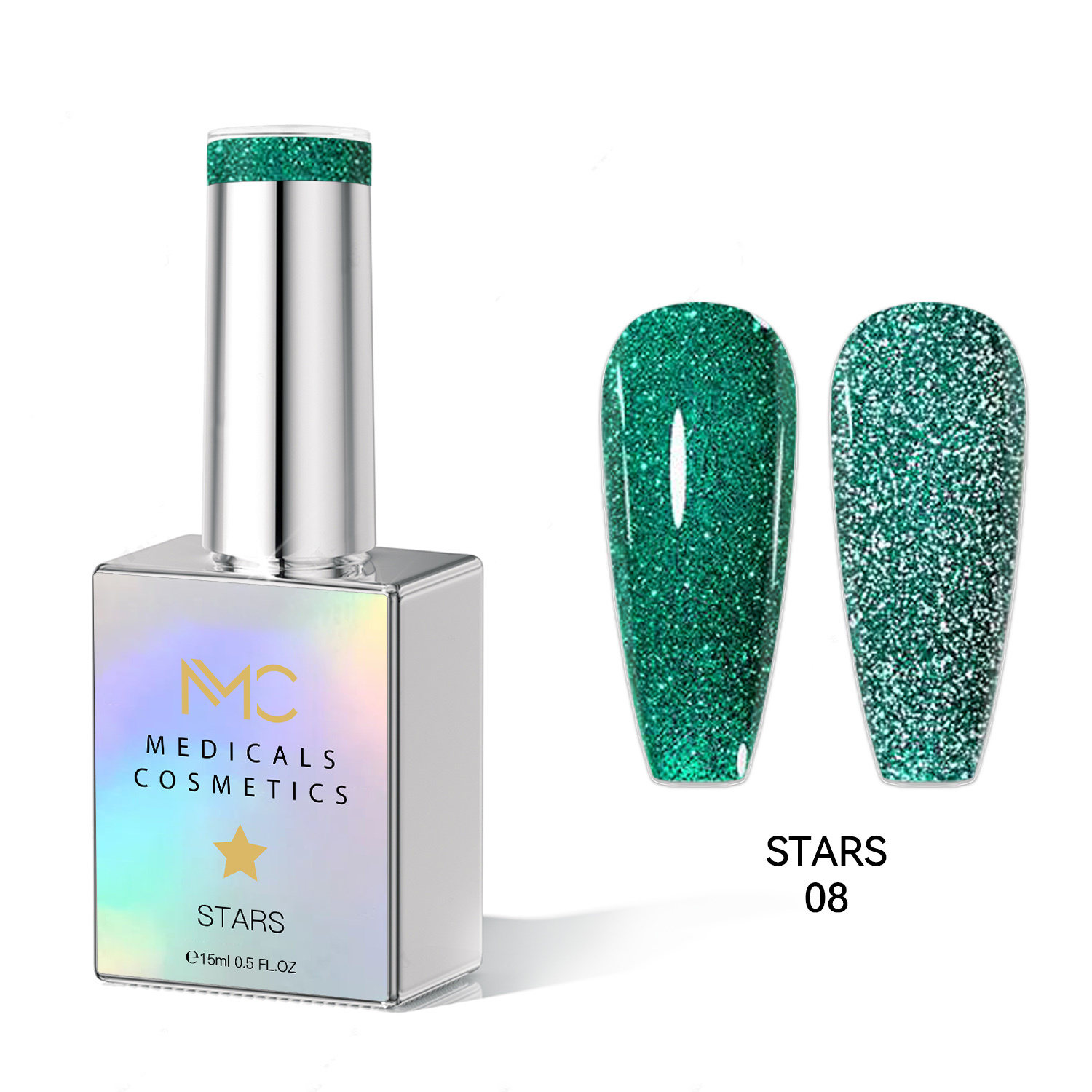 STARS GEL POLISH - HEMA FREE - PROFESSIONAL MEDICALS COSMETICS - NAILS COLOR REFLECTIVE GEL 
MC STARS 08 - Zöld körömgél csillogó hatással UV lámpa alatt. HEMA MENTES