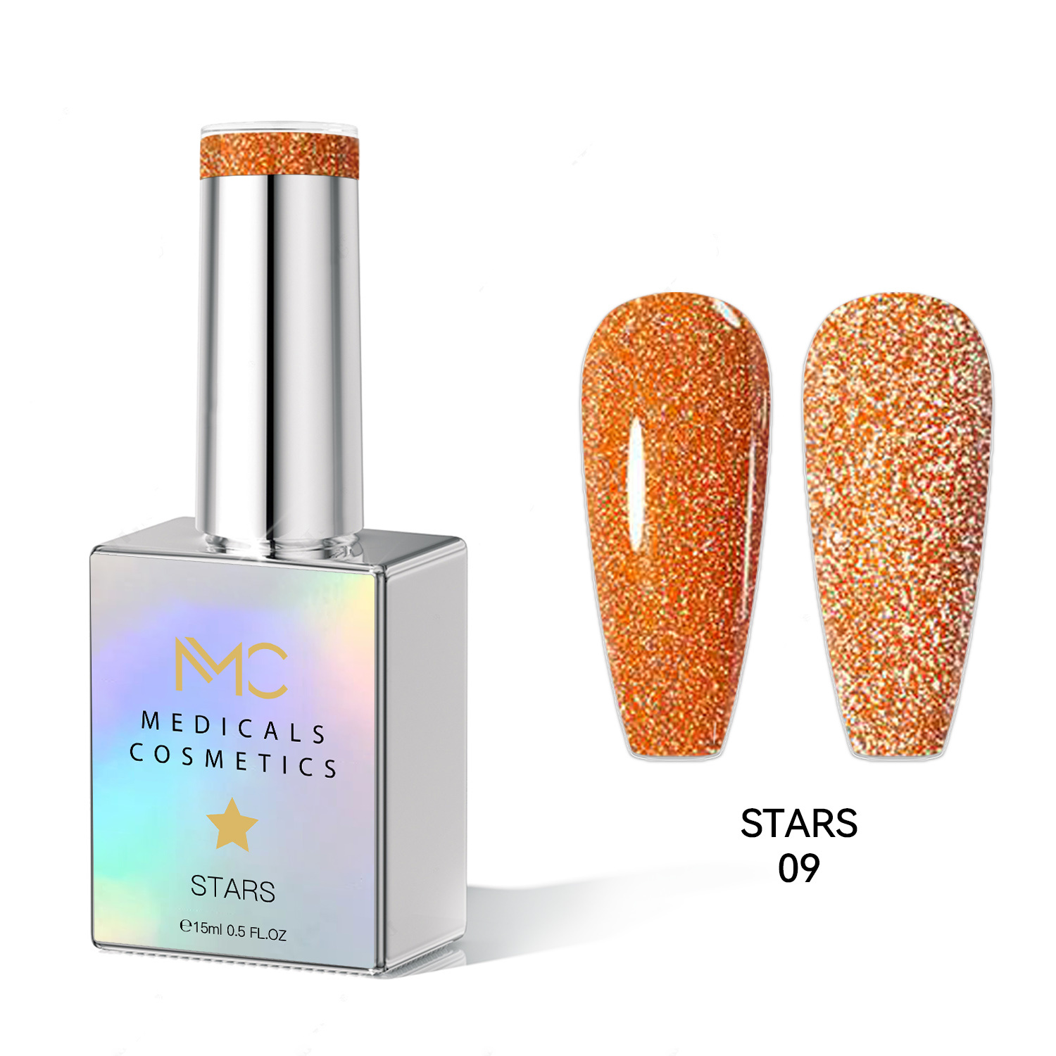STARS GEL POLISH - HEMA FREE - PROFESSIONAL MEDICALS COSMETICS - NAILS COLOR REFLECTIVE GEL 
MC STARS 09 - Narancssárga körömgél csillogó hatással UV-lámpa alatt. HEMA FREE