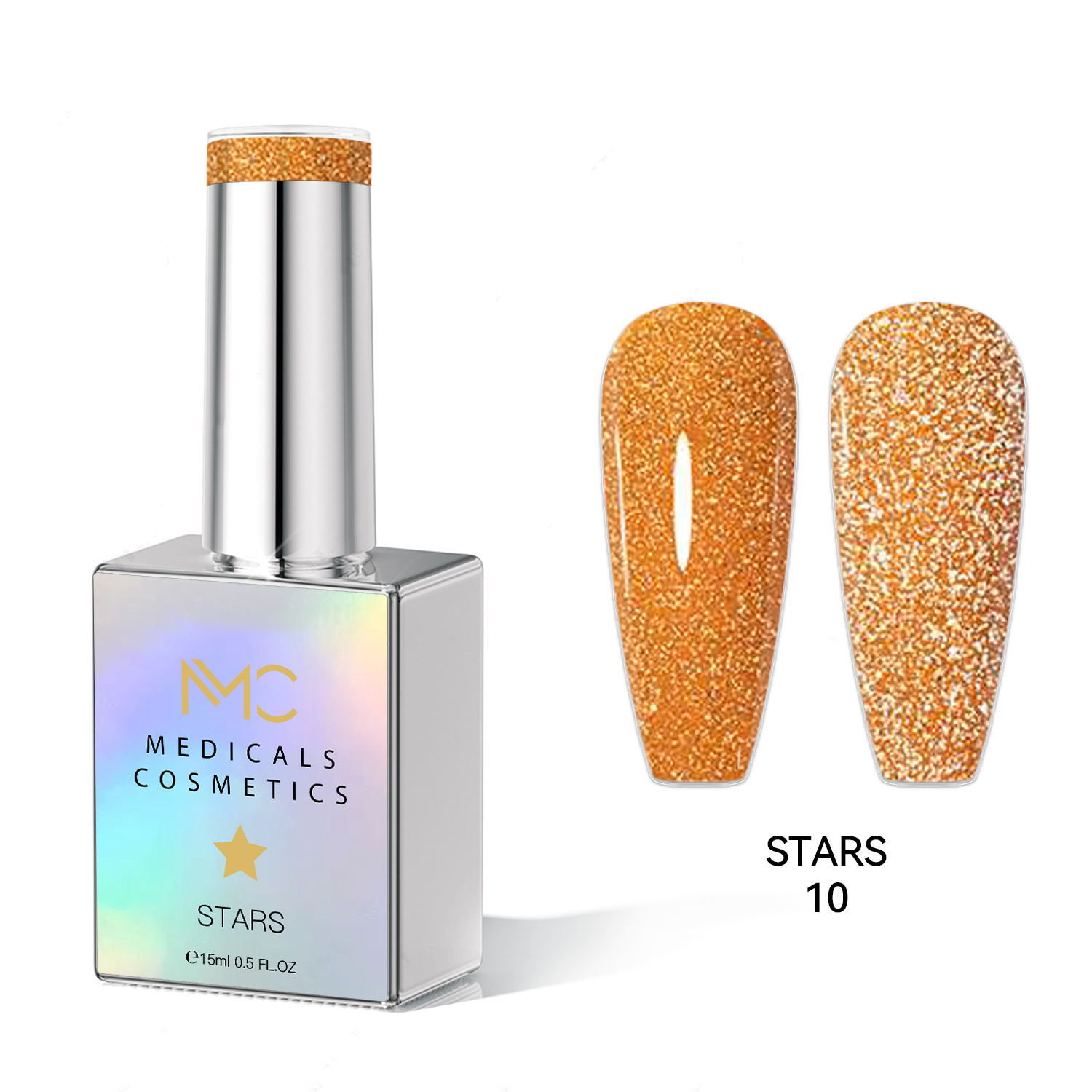STARS GEL POLISH - HEMA FREE - PROFESSIONAL MEDICALS COSMETICS - NAILS COLOR REFLECTIVE GEL 
MC STARS 10 - Narancssárga körömgél csillogó hatással UV lámpa alatt. HEMA FREE