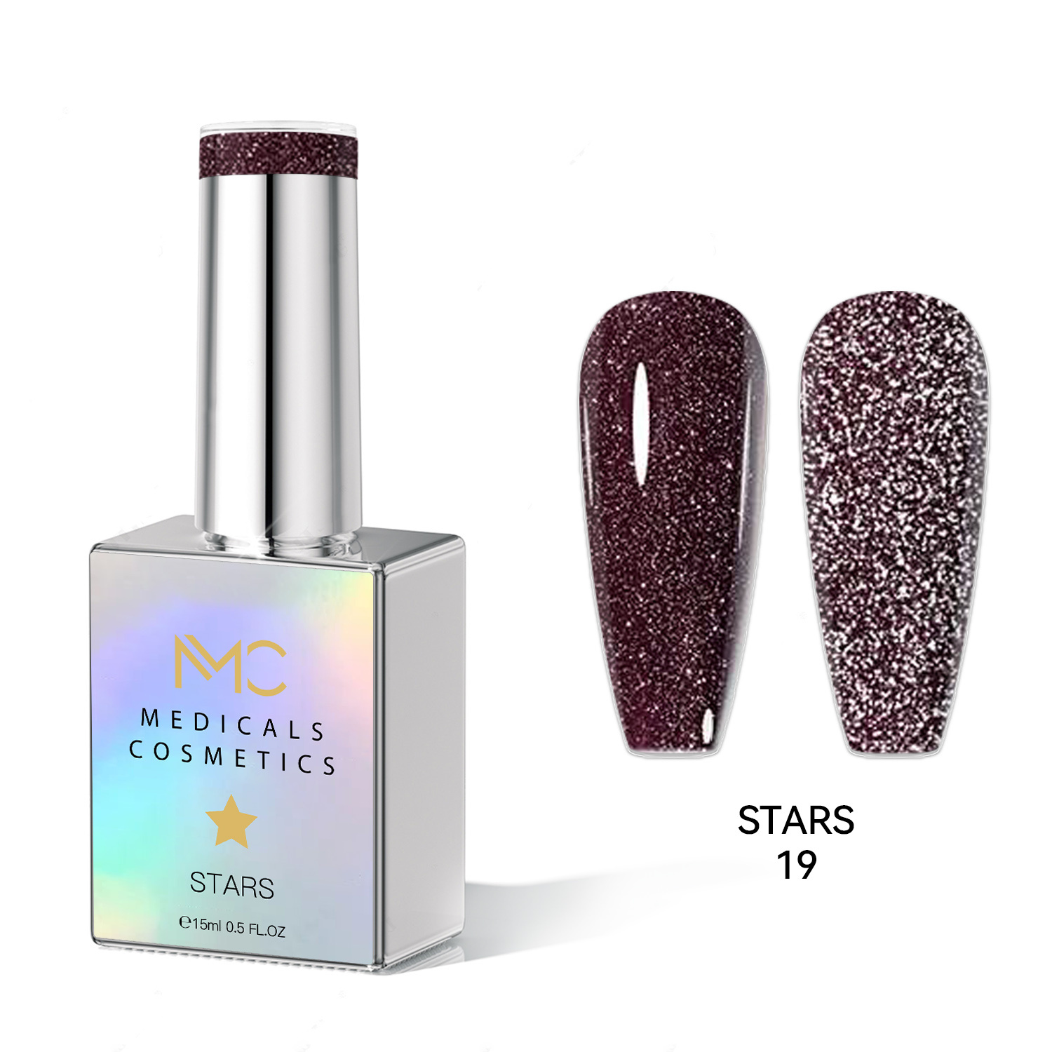 STARS GEL POLISH - HEMA FREE - PROFESSIONAL MEDICALS COSMETICS - NAILS COLOR REFLECTIVE GEL 
MC STARS 19 - Barna körömgél csillogó hatással UV lámpa alatt. HEMA MENTES