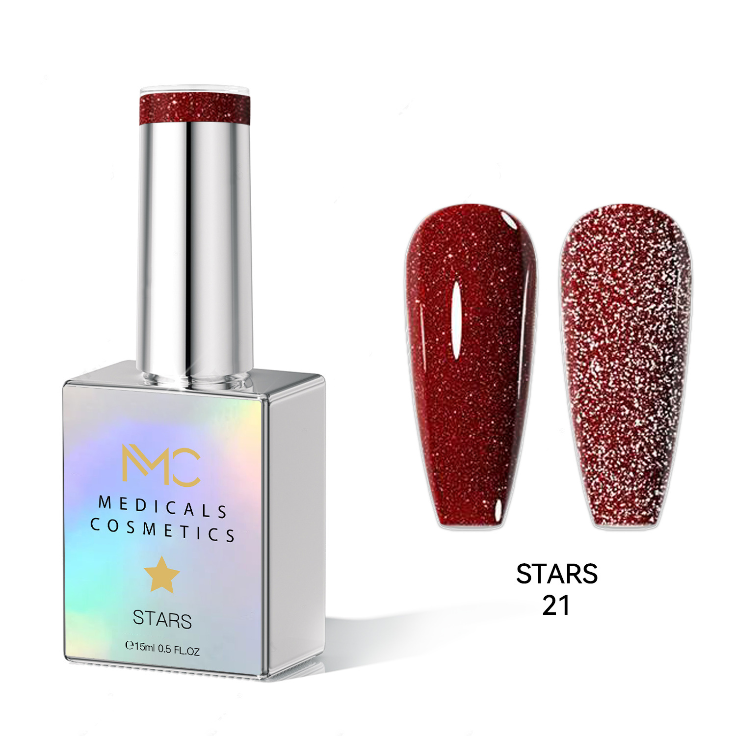 STARS GEL POLISH - HEMA FREE - PROFESSIONAL MEDICALS COSMETICS - NAILS COLOR REFLECTIVE GEL 
MC STARS 21 - Piros körömgél csillogó hatással UV lámpa alatt. HEMA-MENTES