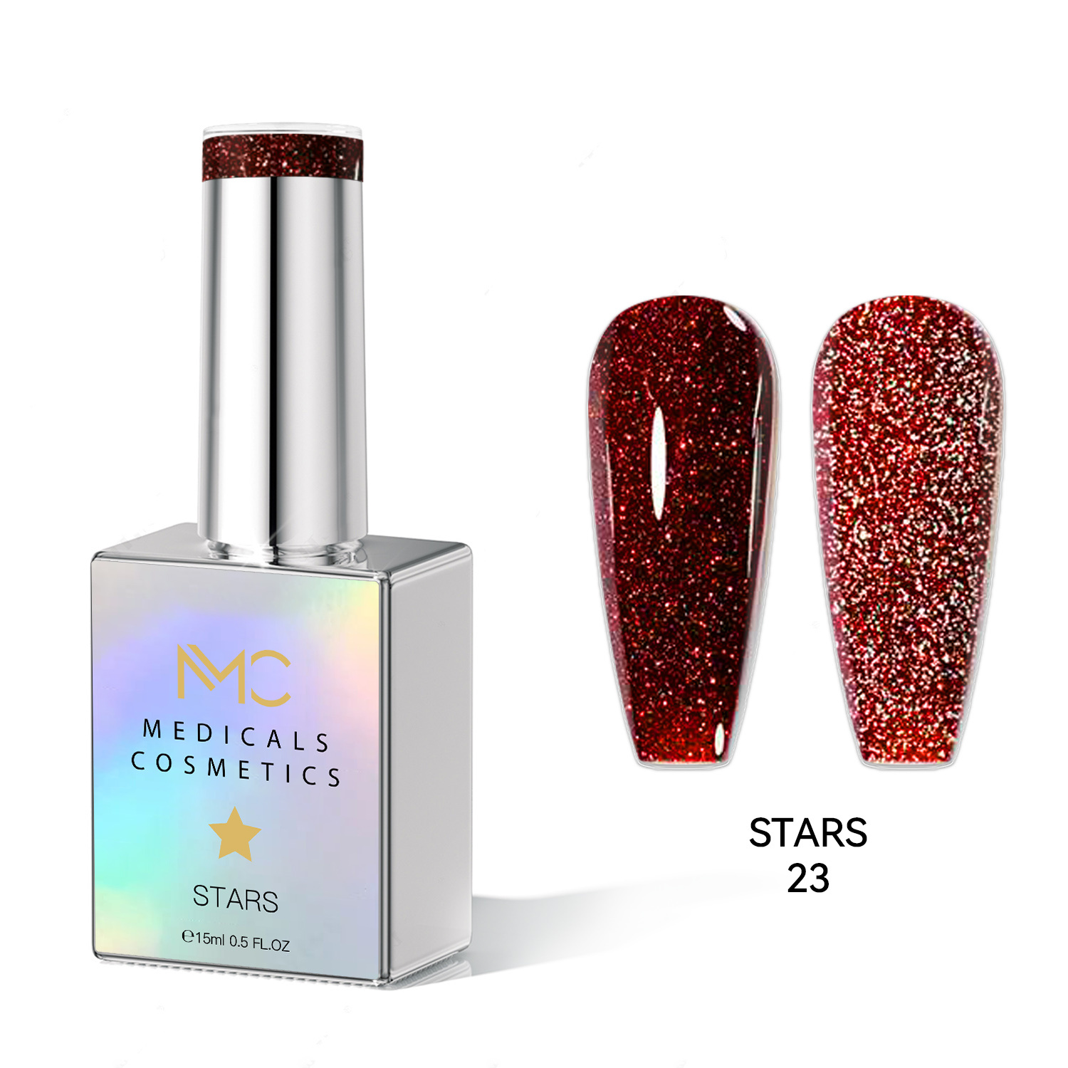 STARS GEL POLISH - HEMA FREE - PROFESSIONAL MEDICALS COSMETICS - NAILS COLOR REFLECTIVE GEL 
MC STARS 23 - Piros körömgél csillogó hatással UV lámpa alatt. HEMA MENTES