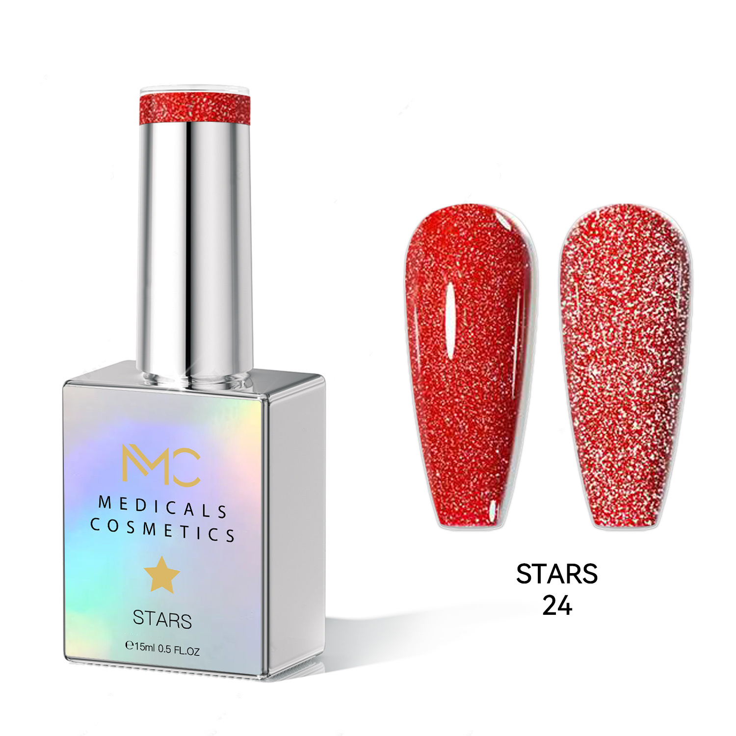 STARS GEL POLISH - HEMA FREE - PROFESSIONAL MEDICALS COSMETICS - NAILS COLOR REFLECTIVE GEL 
MC STARS 24 - Piros körömgél csillogó hatással UV-lámpa alatt. HEMA MENTES