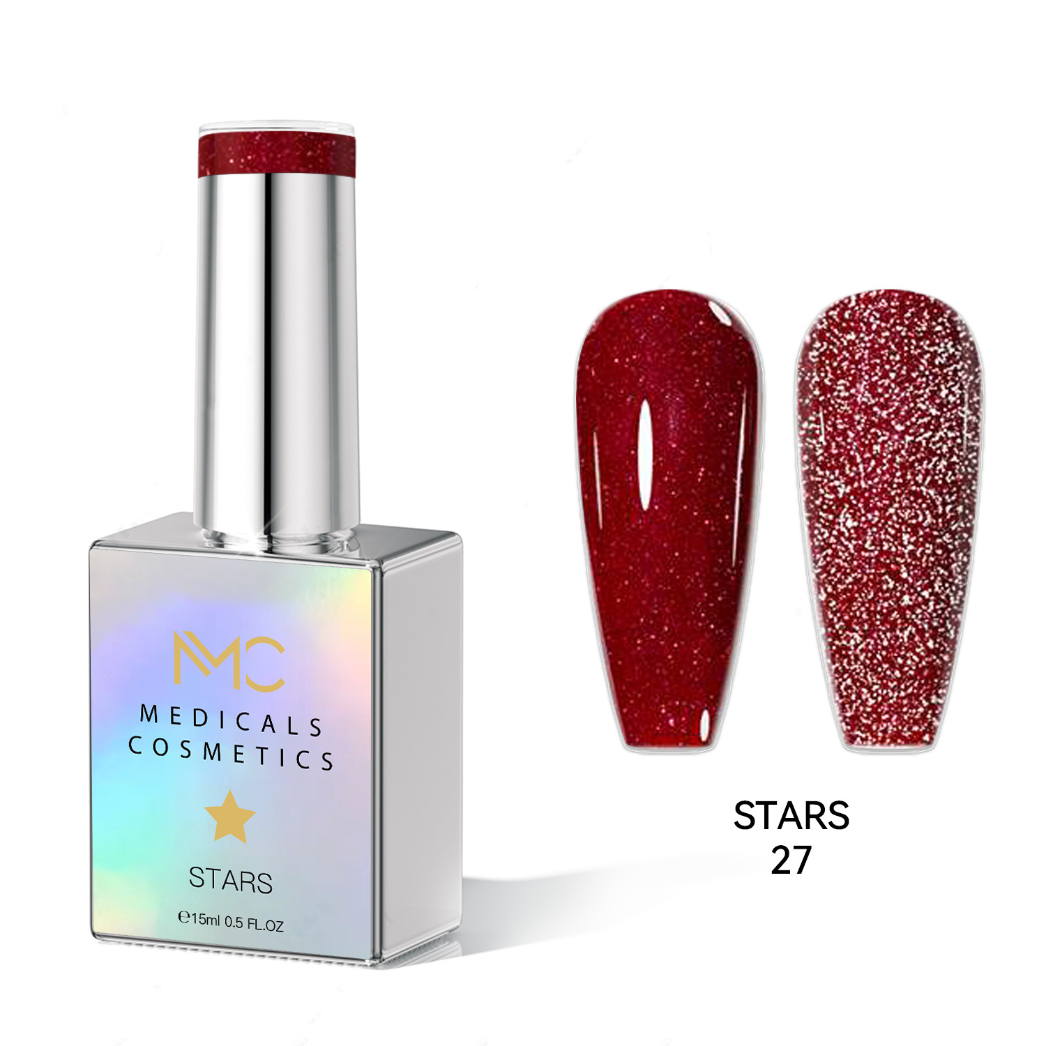 STARS GEL POLISH - HEMA FREE - PROFESSIONAL MEDICALS COSMETICS - NAILS COLOR REFLECTIVE GEL 
MC STARS 27 - Piros körömgél csillogó hatással UV-lámpa alatt. HEMA FREE