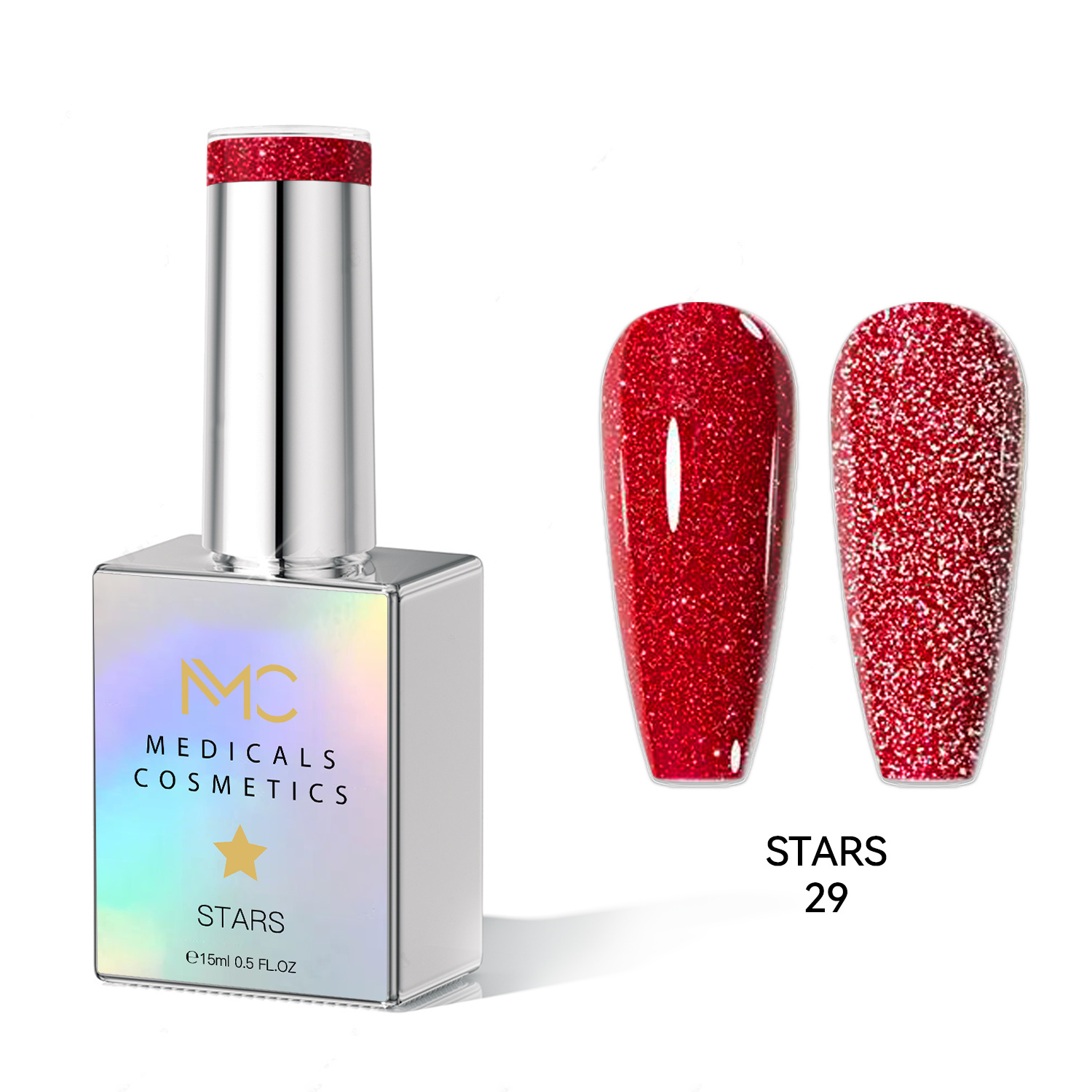 STARS GEL POLISH - HEMA FREE - PROFESSIONAL MEDICALS COSMETICS - NAILS COLOR REFLECTIVE GEL 
MC STARS 29 - Piros körömgél csillogó hatással UV lámpa alá. HEMA FREE