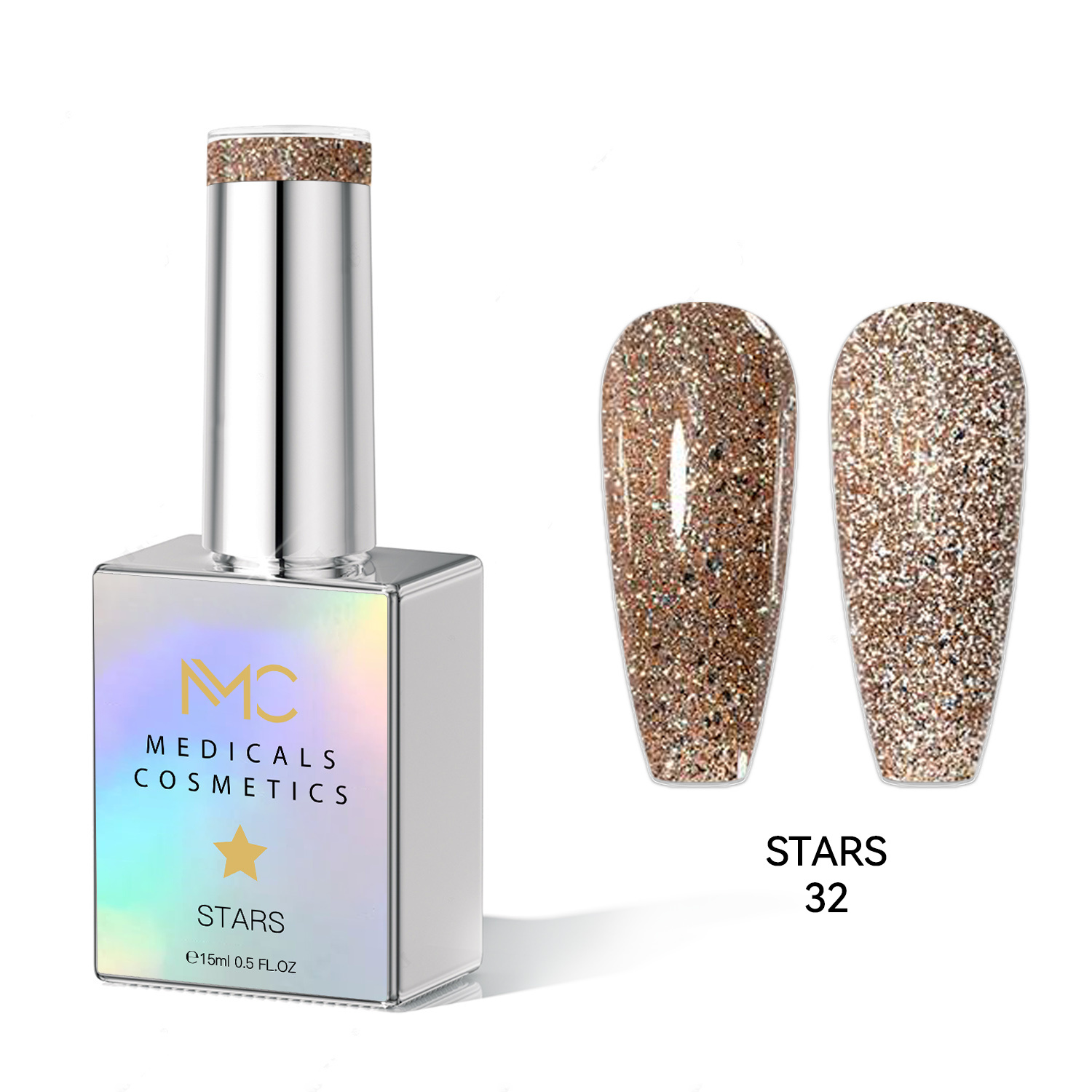 STARS GEL POLISH - HEMA FREE - PROFESSIONAL MEDICALS COSMETICS - NAILS COLOR REFLECTIVE GEL 
MC STARS 32 - Arany körömzselé csillogó hatással, UV-lámpa alatt. HEMA FREE