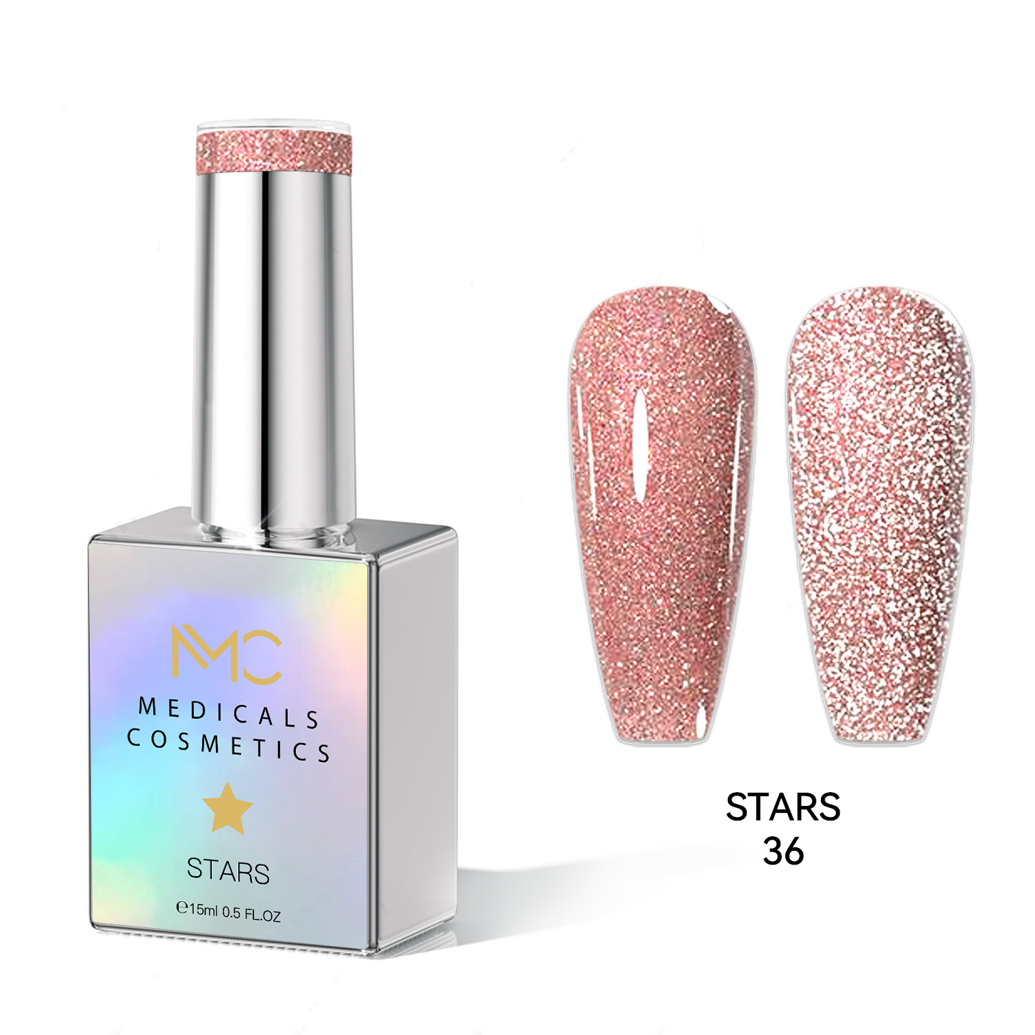 STARS GEL POLISH - HEMA FREE - PROFESSIONAL MEDICALS COSMETICS - NAILS COLOR REFLECTIVE GEL 
MC STARS 36 - Rózsaszín körömgél csillogó hatással UV-lámpa alatt. HEMA MENTES