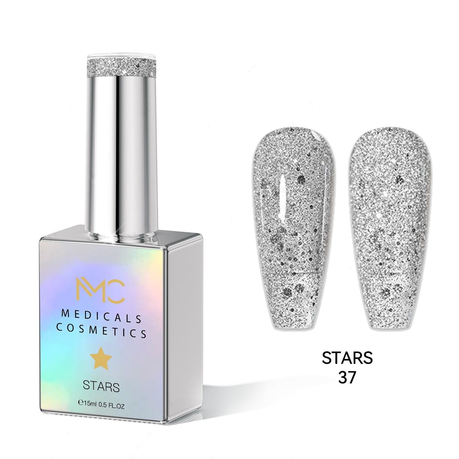 STARS GEL POLISH - HEMA FREE - PROFESSIONAL MEDICALS COSMETICS - NAILS COLOR REFLECTIVE GEL 
MC STARS 37 - Ezüst színű körömgél csillogó hatással UV lámpa alatt. HEMA FREE