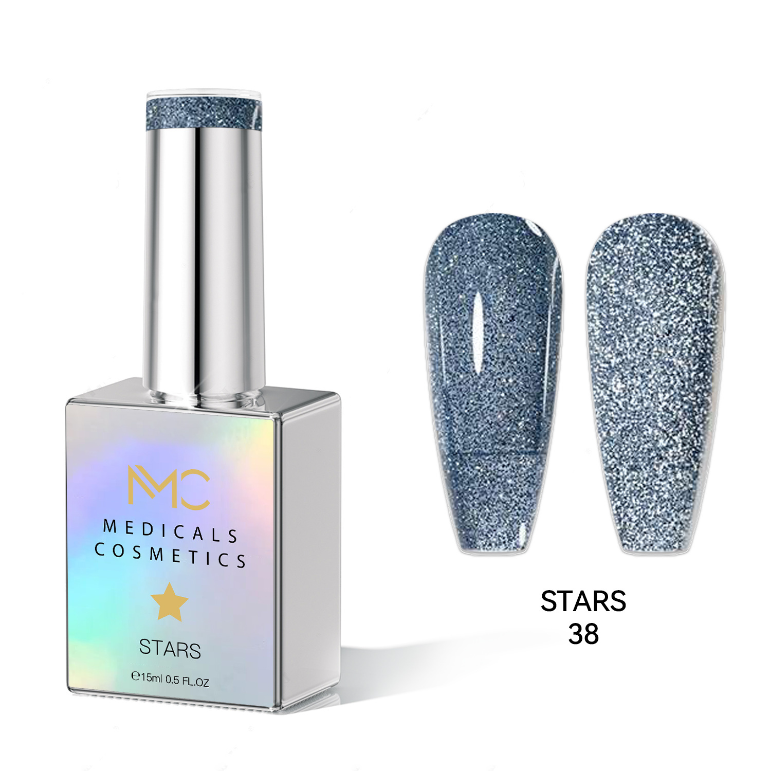 STARS GEL POLISH - HEMA FREE - PROFESSIONAL MEDICALS COSMETICS - NAILS COLOR REFLECTIVE GEL 
MC STARS 38 - Ezüst színű körömgél csillogó hatással UV lámpa alatt. HEMA FREE