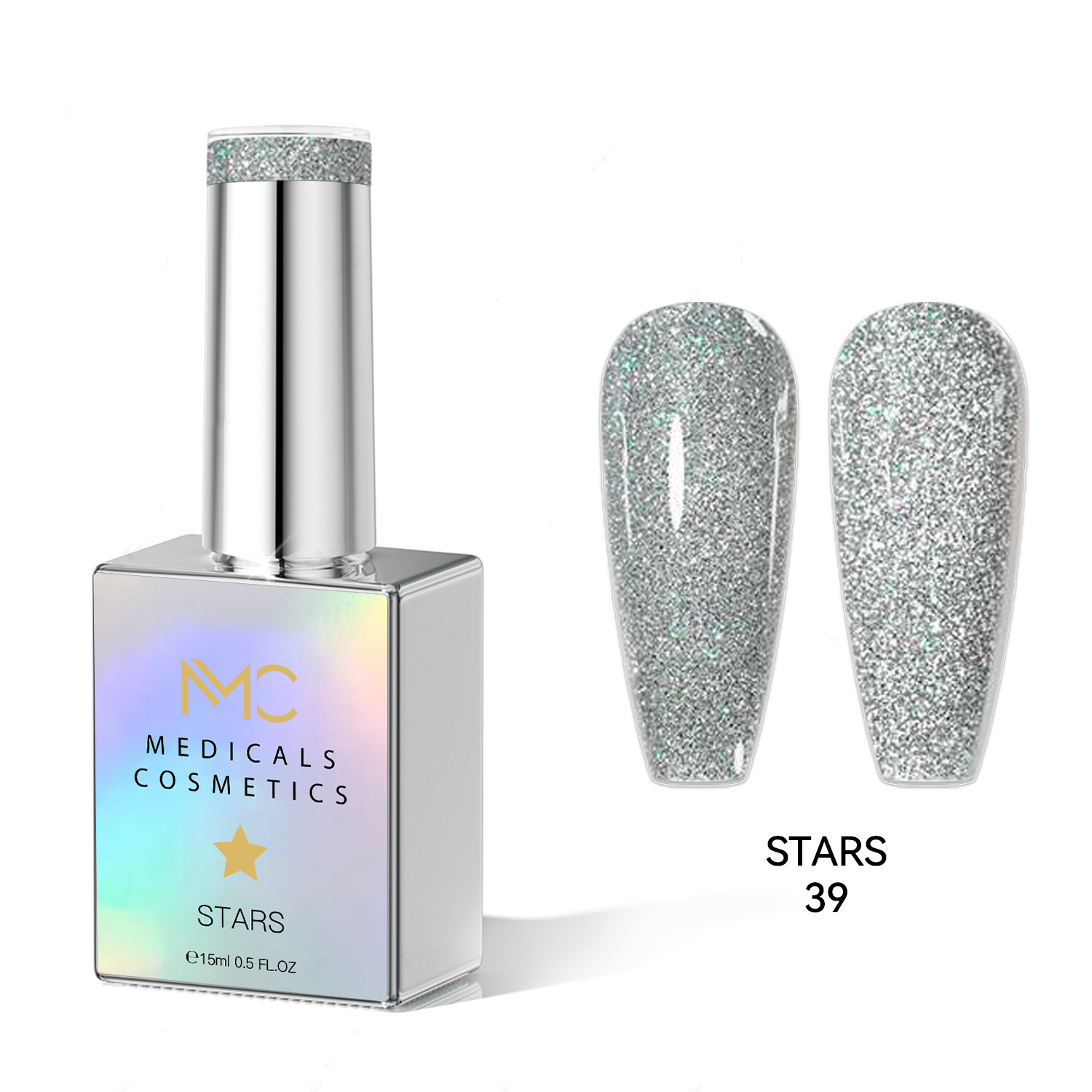 STARS GEL POLISH - HEMA FREE - PROFESSIONAL MEDICALS COSMETICS - NAILS COLOR REFLECTIVE GEL 
MC STARS 39 - Ezüst színű körömgél csillogó hatással UV lámpa alatt. HEMA FREE