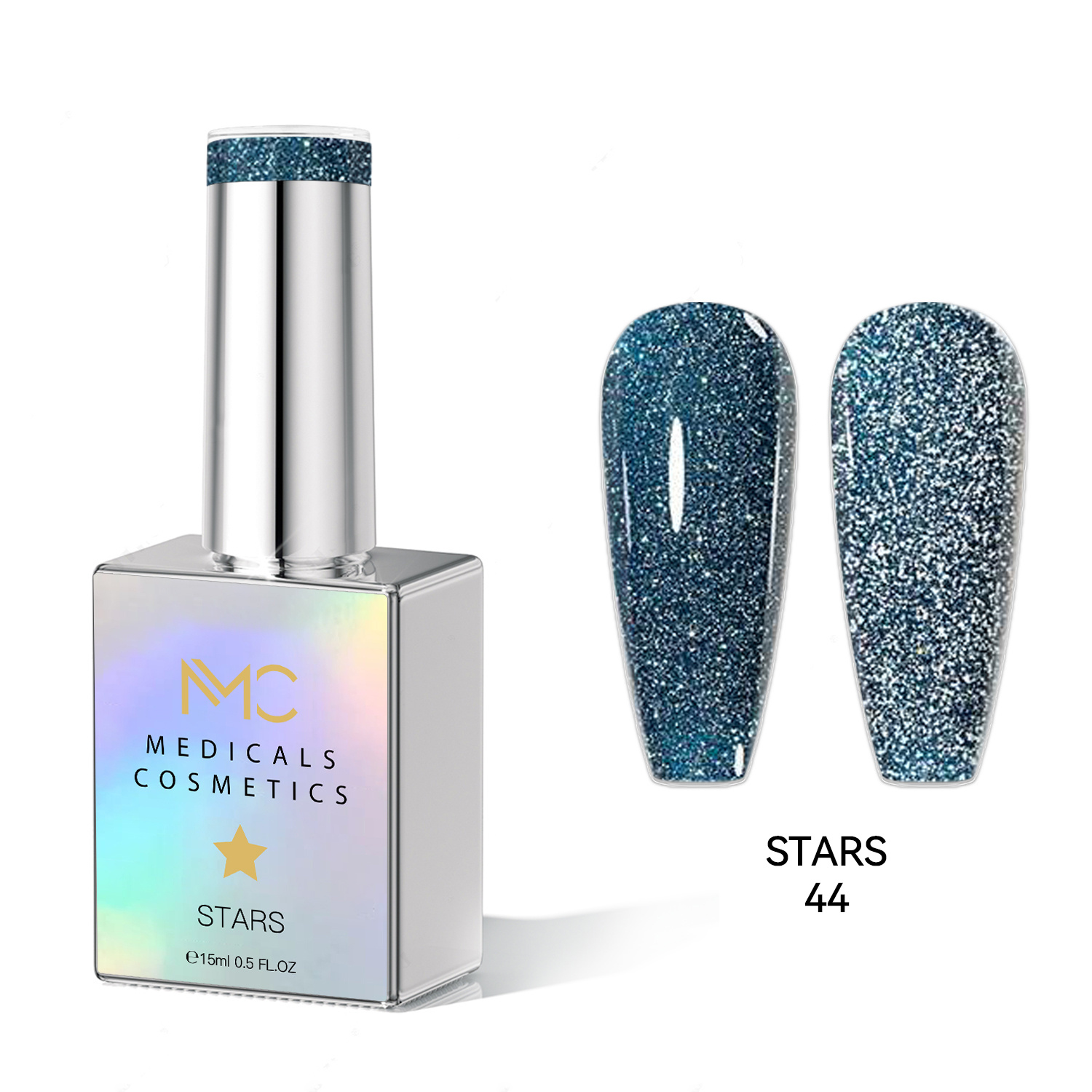 STARS GEL POLISH - HEMA FREE - PROFESSIONAL MEDICALS COSMETICS - NAILS COLOR REFLECTIVE GEL 
MC STARS 44 - Kék körömgél csillogó hatással UV lámpa alatt. HEMA MENTES