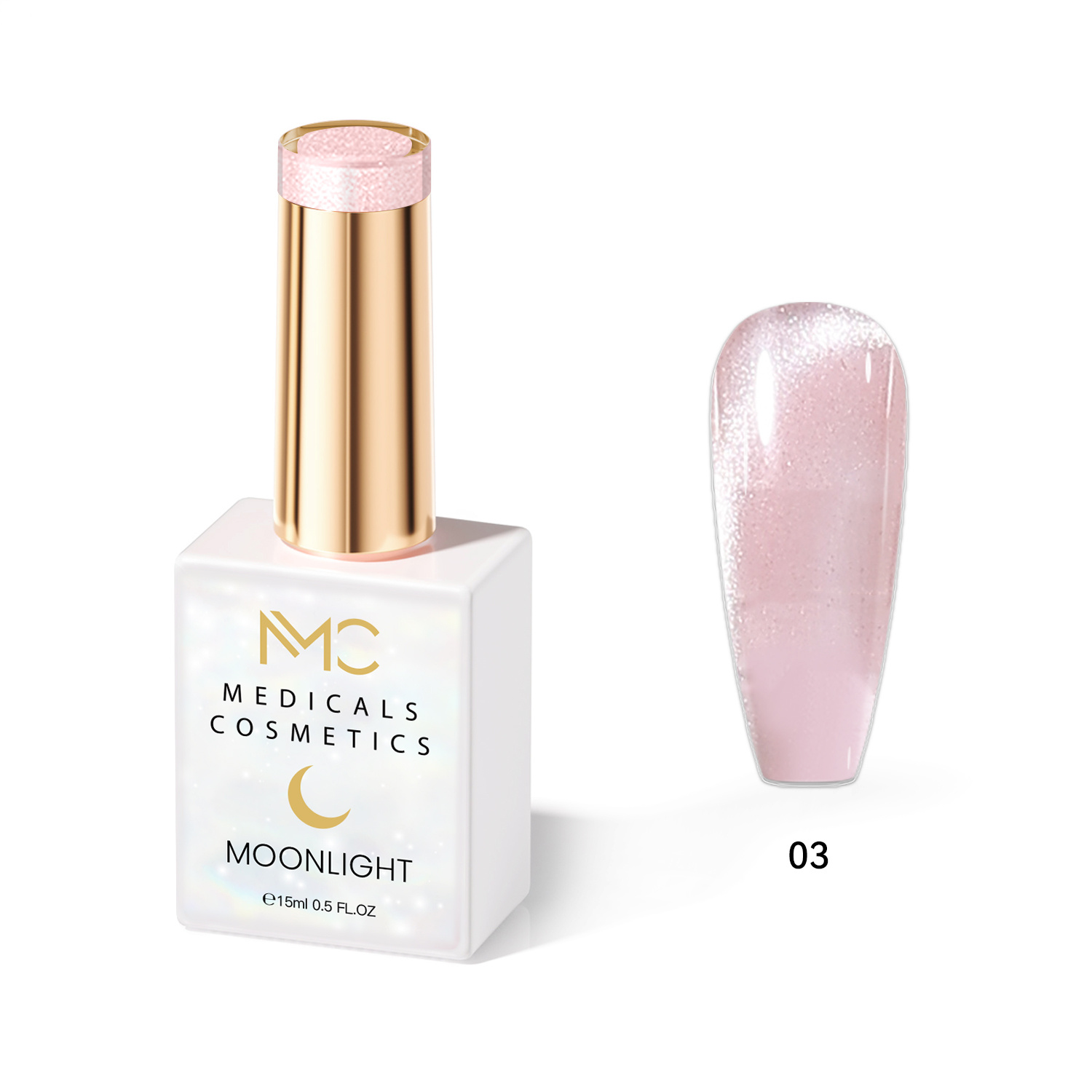 MOONLIGHT GEL POLISH  HEMA FREE  NAILS COLOR GEL PROFESSIONAL  MC MEDICALS COSMETICS 
MC MOONLIGHT 03  Áttetsző gyöngyházfényű - rózsaszín gélkörömlakk csillogó csillanással és 3D hatással UV lámpa alatt. HEMA FREE