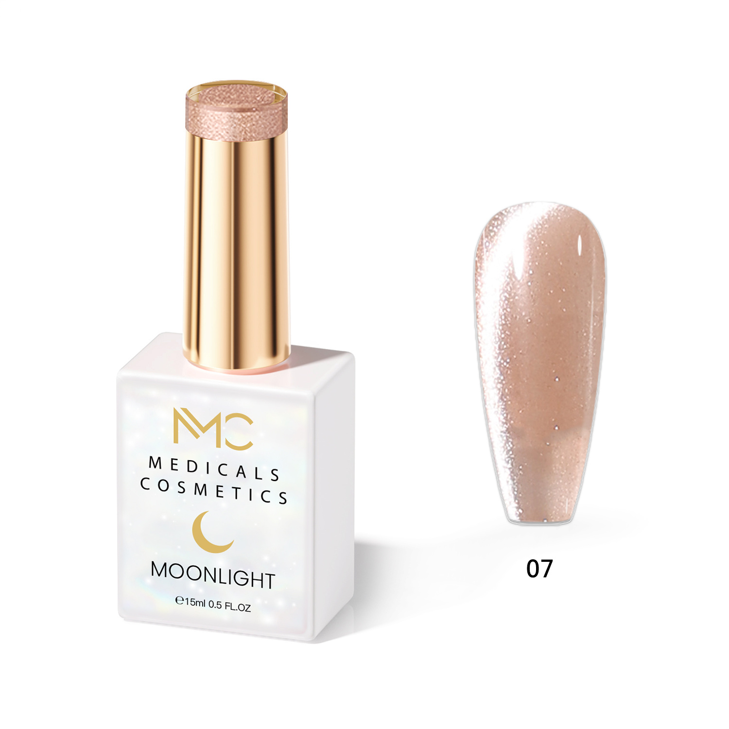 MOONLIGHT GEL POLISH  HEMA FREE  NAILS COLOR GEL PROFESSIONAL  MC MEDICALS COSMETICS 
MC MOONLIGHT 07  Áttetsző gyöngyház-bézs körömgél csillogó csillanással és 3D effekttel UV-lámpa alatt. HEMA FREE