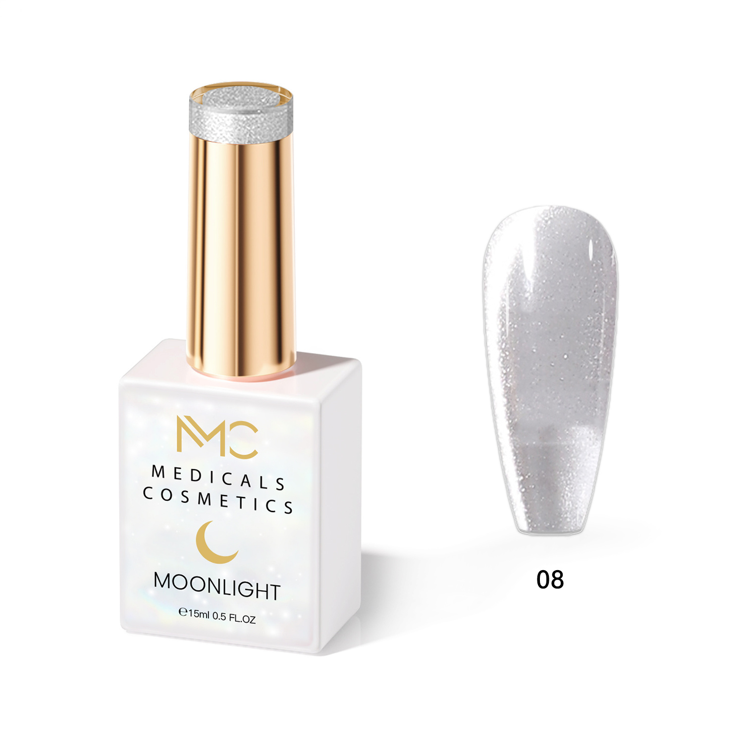 MOONLIGHT GEL POLISH  HEMA FREE  NAILS COLOR GEL PROFESSIONAL  MC MEDICALS COSMETICS 
MC MOONLIGHT 08  Átlátszó gyöngyház - ezüst színű körömgél csillogó fényjátékkal és 3D hatással UV lámpa alatt. HEMA FREE
