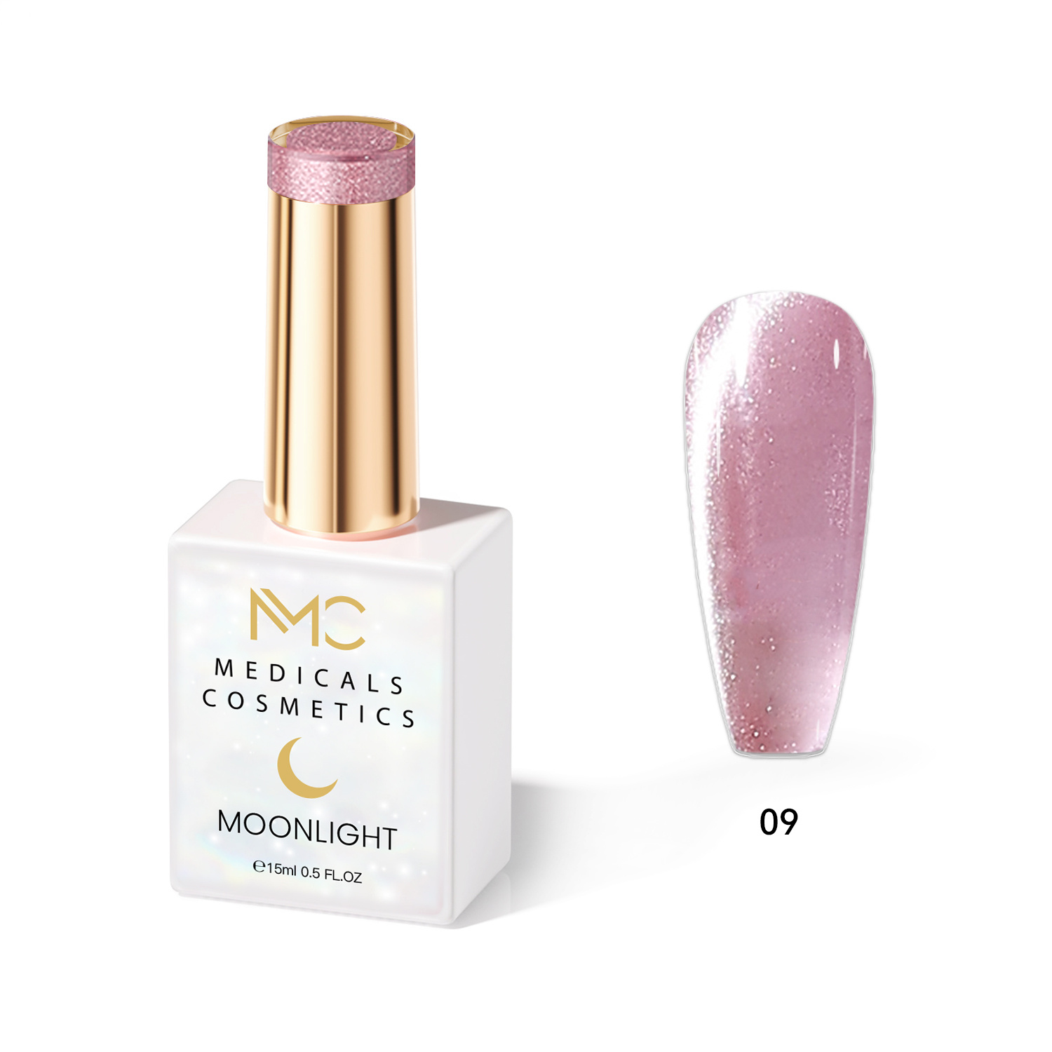 MOONLIGHT GEL POLISH  HEMA FREE  NAILS COLOR GEL PROFESSIONAL  MC MEDICALS COSMETICS 
MC MOONLIGHT 09  Átlátszó gyöngyházfényű rózsaszín körömzselé csillogó fényű és 3D hatású UV lámpa alatt. HEMA FREE