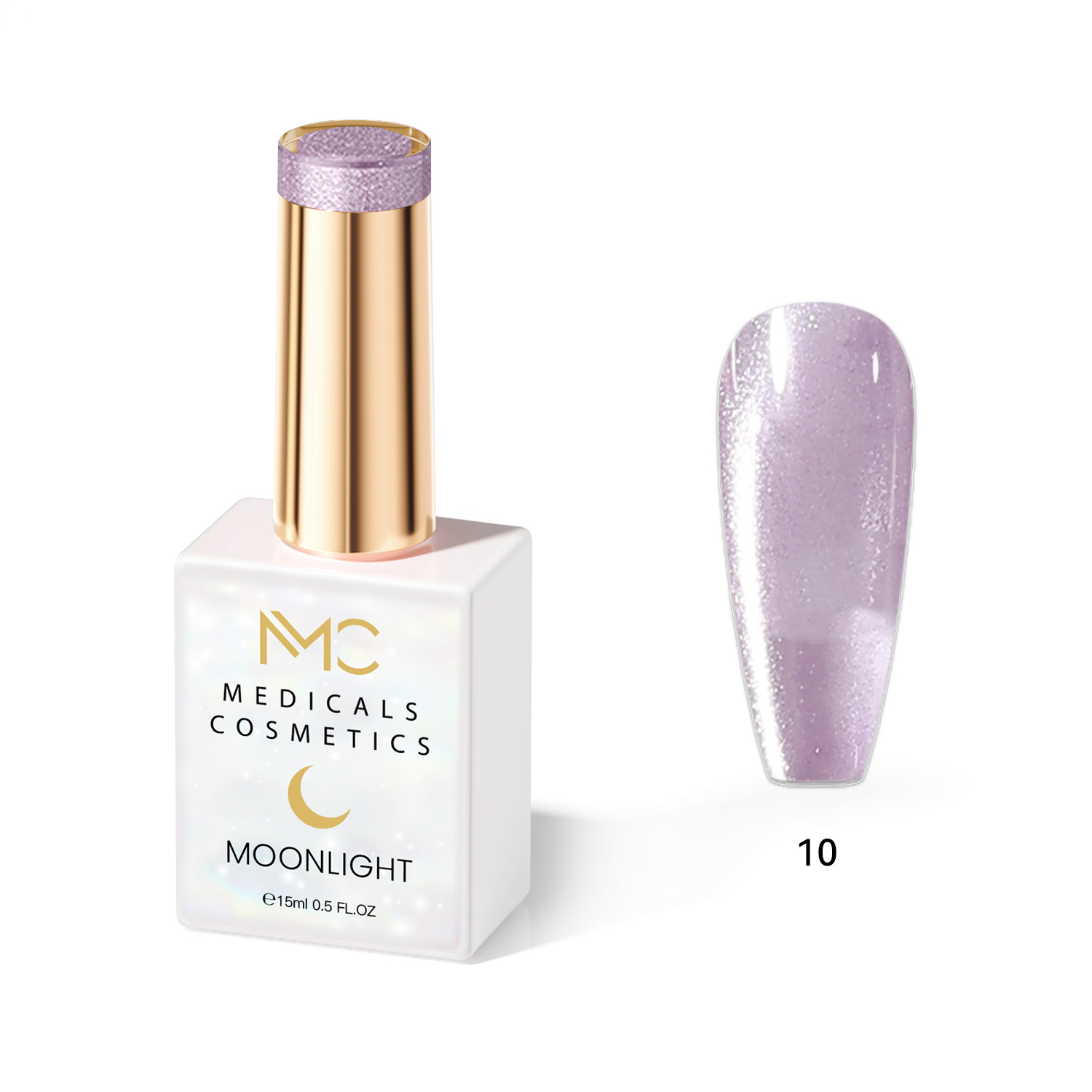MOONLIGHT GEL POLISH  HEMA FREE  NAILS COLOR GEL PROFESSIONAL  MC MEDICALS COSMETICS 
MC MOONLIGHT 10  Átlátszó gyöngyházfényű - lila színű körömgél, csillogó fényű és 3D hatással UV-lámpa alatt. HEMA FREE