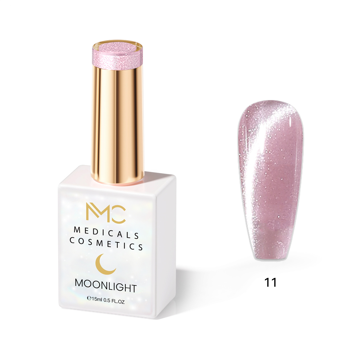 MOONLIGHT GEL POLISH  HEMA FREE  NAILS COLOR GEL PROFESSIONAL  MC MEDICALS COSMETICS 
MC MOONLIGHT 11  Átlátszó gyöngyház-rózsaszín körömgél, csillogó csillanással és 3D effektussal UV lámpa alatt. HEMA FREE