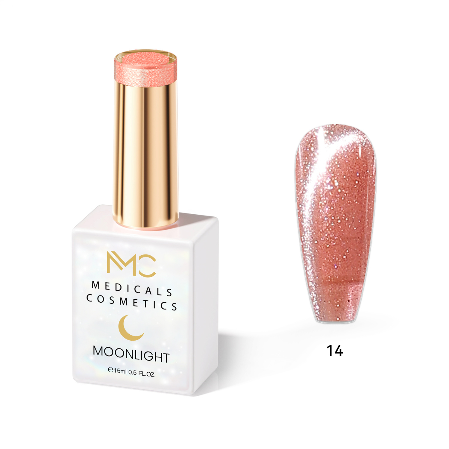 MOONLIGHT GEL POLISH  HEMA FREE  NAILS COLOR GEL PROFESSIONAL  MC MEDICALS COSMETICS 
MC MOONLIGHT 14  Átlátszó gyöngyházfényű narancssárga körömgél csillogó csillanással és 3D hatással UV lámpa alatt. HEMA FREE