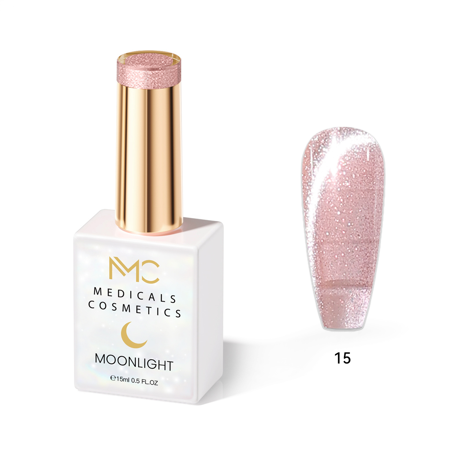 MOONLIGHT GEL POLISH  HEMA FREE  NAILS COLOR GEL PROFESSIONAL  MC MEDICALS COSMETICS 
MC MOONLIGHT 15  Átlátszótól gyöngyház-rózsaszínig terjedő körömgél csillogó fényjátékkal és 3D hatással UV lámpa alatt. HEMA FREE