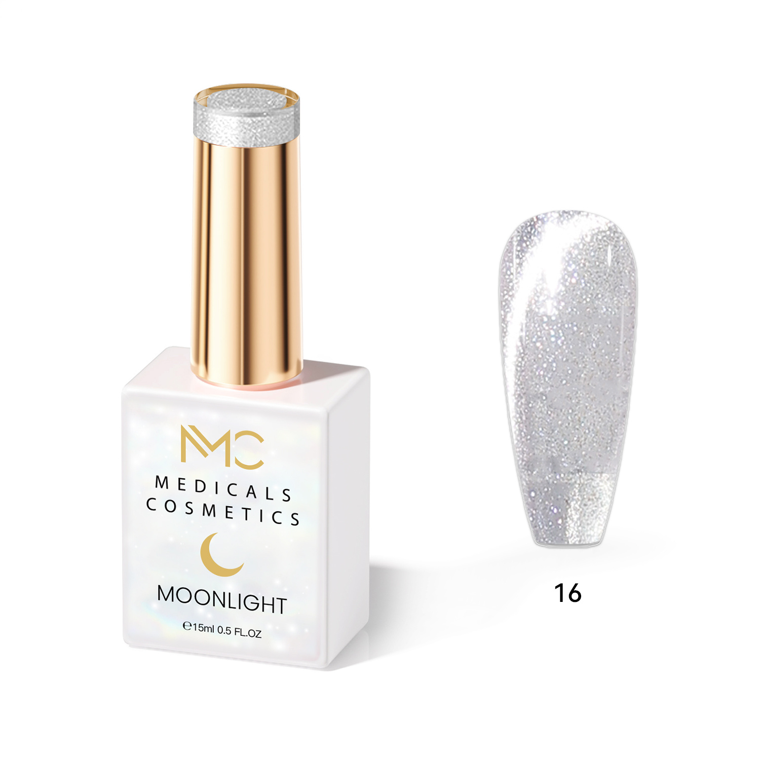 MOONLIGHT GEL POLISH  HEMA FREE  NAILS COLOR GEL PROFESSIONAL  MC MEDICALS COSMETICS 
MC MOONLIGHT 16  Átlátszó gyöngyház-ezüst színű körömgél, csillogó fényhatással és 3D effektussal UV lámpa alatt. HEMA FREE
