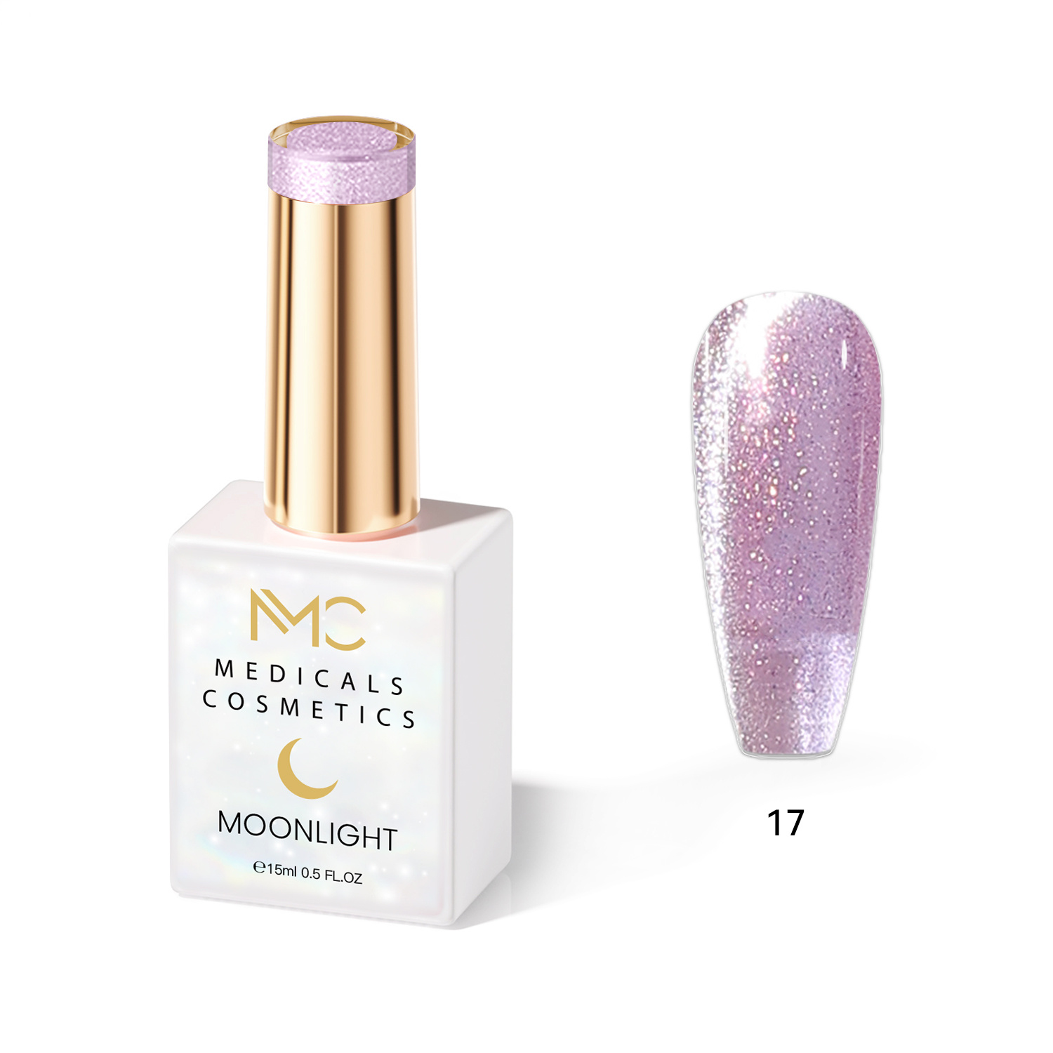 MOONLIGHT GEL POLISH  HEMA FREE  NAILS COLOR GEL PROFESSIONAL  MC MEDICALS COSMETICS 
MC MOONLIGHT 17  Áttetsző gyöngyház–lila színű körömgél, csillogó fényjátékkal és 3D-effekttel UV lámpa alatt. HEMA FREE