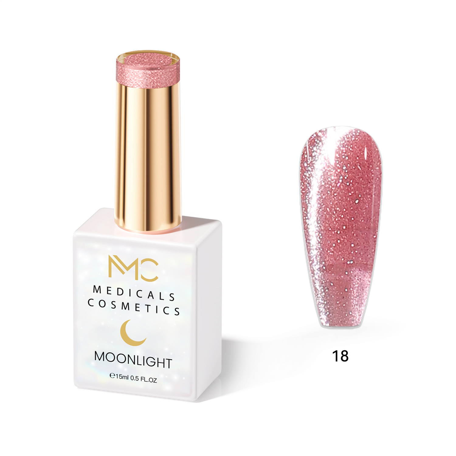 MOONLIGHT GEL POLISH  HEMA FREE  NAILS COLOR GEL PROFESSIONAL  MC MEDICALS COSMETICS 
MC MOONLIGHT 18  Átlátszó gyöngyház - rózsaszín körömgél, csillogó fényvisszaverődéssel és 3D hatással UV lámpa alatt. HEMA FREE