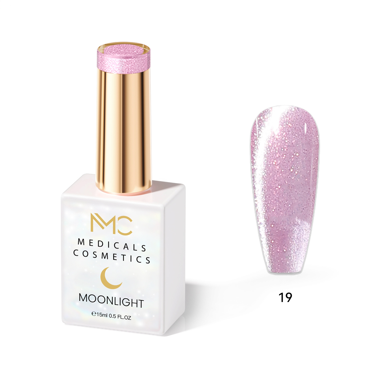 MOONLIGHT GEL POLISH  HEMA FREE  NAILS COLOR GEL PROFESSIONAL  MC MEDICALS COSMETICS 
MC MOONLIGHT 19  Átlátszó gyöngyházfényű - lila színű körömgél csillogó csillámló hatással és 3D effekttel UV-lámpa alatt. HEMA FREE