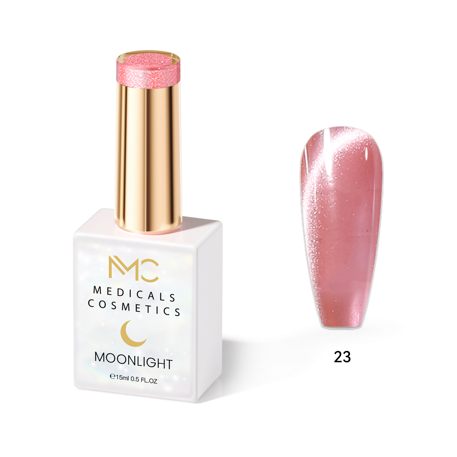 MOONLIGHT GEL POLISH  HEMA FREE  NAILS COLOR GEL PROFESSIONAL  MC MEDICALS COSMETICS 
MC MOONLIGHT 23  Átlátszó gyöngyház-rózsaszín körömgél csillogó fényű és 3D hatással az UV lámpa alatt. HEMA FREE