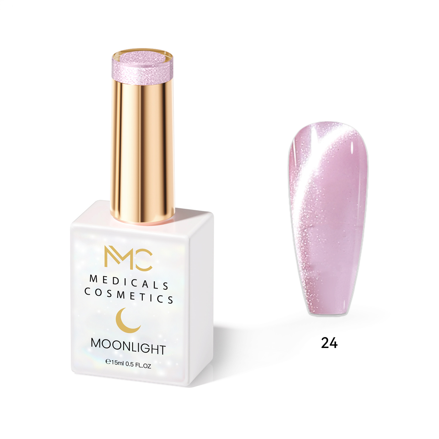 MOONLIGHT GEL POLISH  HEMA FREE  NAILS COLOR GEL PROFESSIONAL  MC MEDICALS COSMETICS 
MC MOONLIGHT 24  Átlátszó gyöngyházfényű - rózsaszín körömgél csillogó csillanással és 3D hatással UV-lámpa alatt. HEMA MENTES