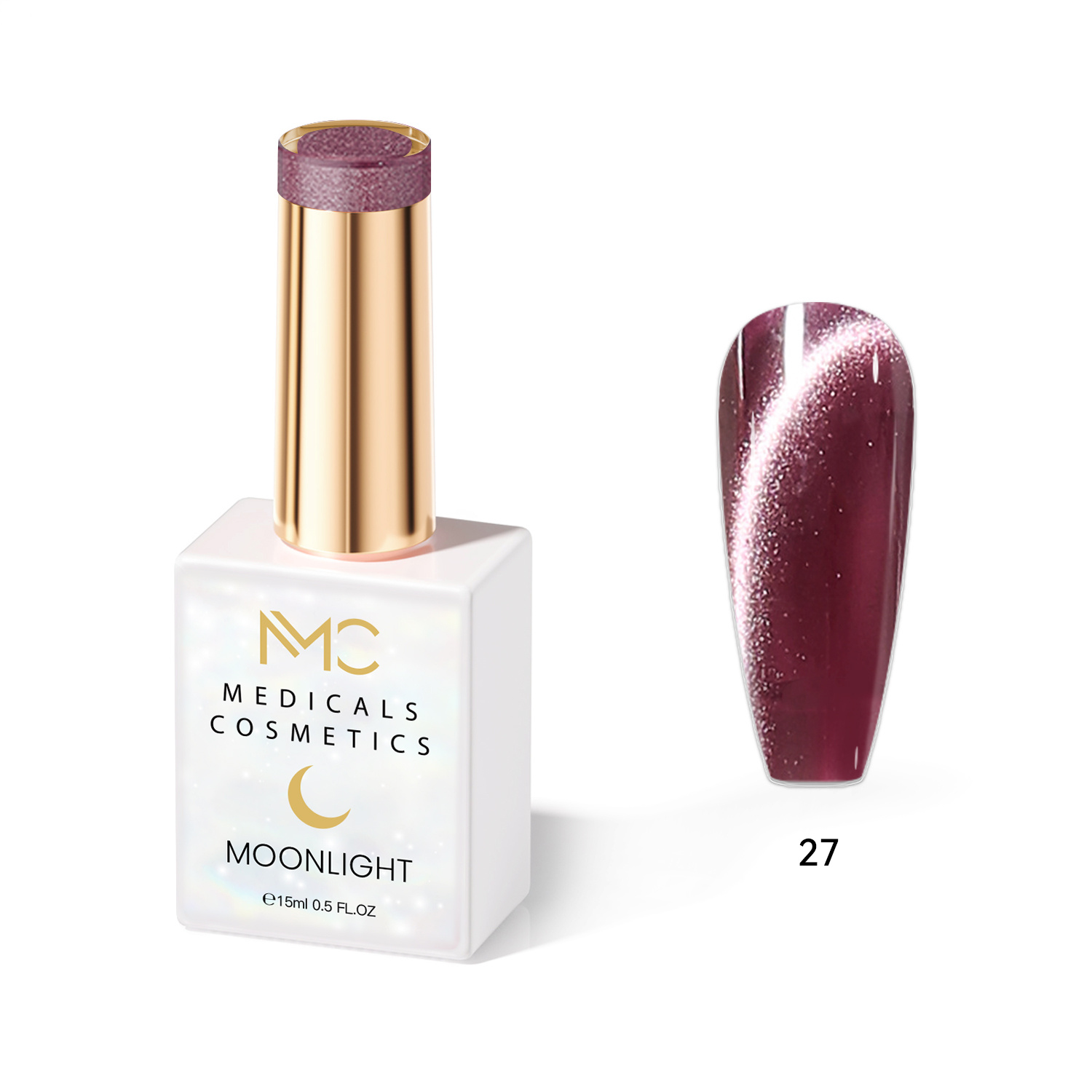MOONLIGHT GEL POLISH  HEMA FREE  NAILS COLOR GEL PROFESSIONAL  MC MEDICALS COSMETICS 
MC MOONLIGHT 27  Átlátszó gyöngyház-lila körömgél csillogó fényjátékkal és 3D hatással UV lámpa alatt. HEMA FREE