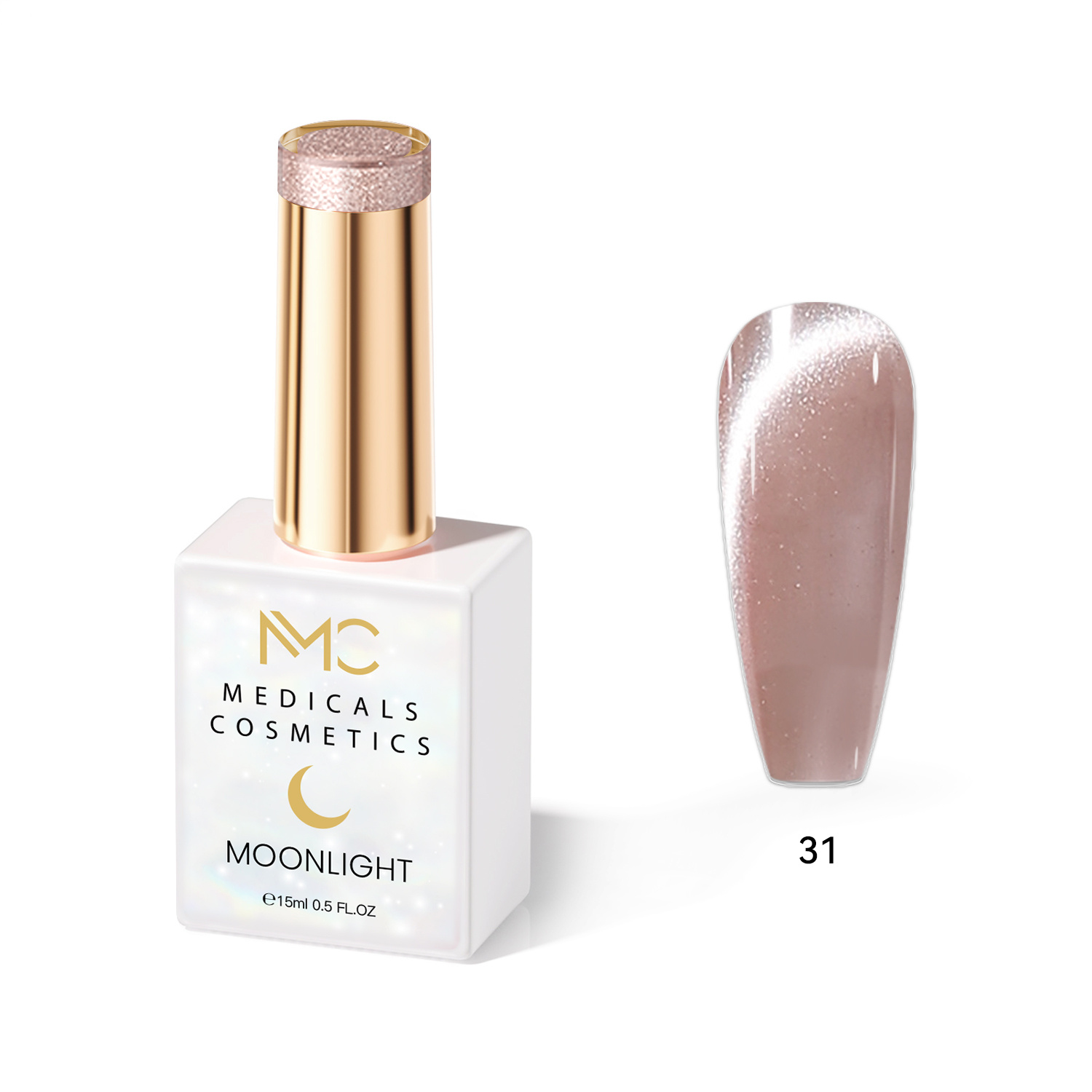 MOONLIGHT GEL POLISH  HEMA FREE  NAILS COLOR GEL PROFESSIONAL  MC MEDICALS COSMETICS 
MC MOONLIGHT 31  Áttetsző gyöngyházfényű - szürke körömgél, csillogó csillanással és 3D hatással UV-lámpa alatt. HEMA FREE