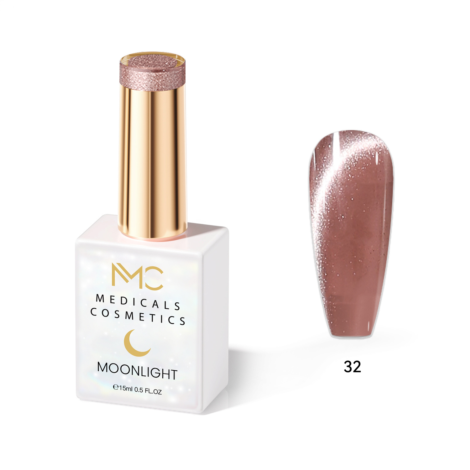 MOONLIGHT GEL POLISH  HEMA FREE  NAILS COLOR GEL PROFESSIONAL  MC MEDICALS COSMETICS 
MC MOONLIGHT 32  Átlátszó gyöngyházbarna körömgél csillogó visszfénnyel és 3D hatással UV lámpa alatt. HEMA FREE