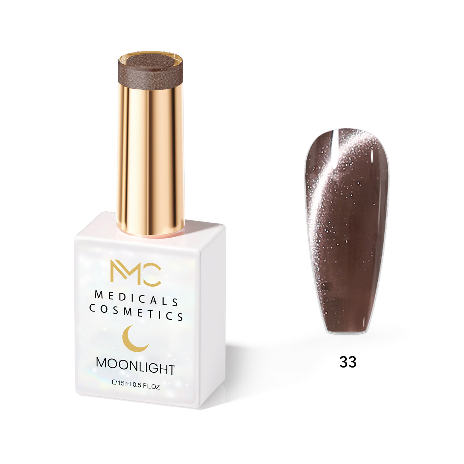 MOONLIGHT GEL POLISH  HEMA FREE  NAILS COLOR GEL PROFESSIONAL  MC MEDICALS COSMETICS 
MC MOONLIGHT 33  Átlátszó gyöngyházfényű - barna körömgél, csillogó fényű visszaverődéssel és 3D hatással UV lámpa alatt. HEMA FREE