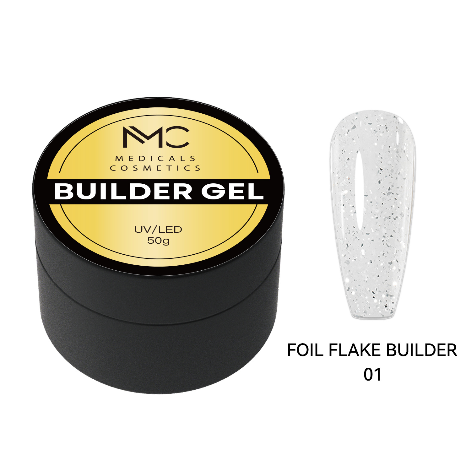 BUILDER GEL FOIL FLAKE - PROFESSIONAL MEDICALS COSMETICS - GLITTER WHITE 
Tiszta fehér modellező gél körmökhez, finom ezüst fóliapehelyekkel
