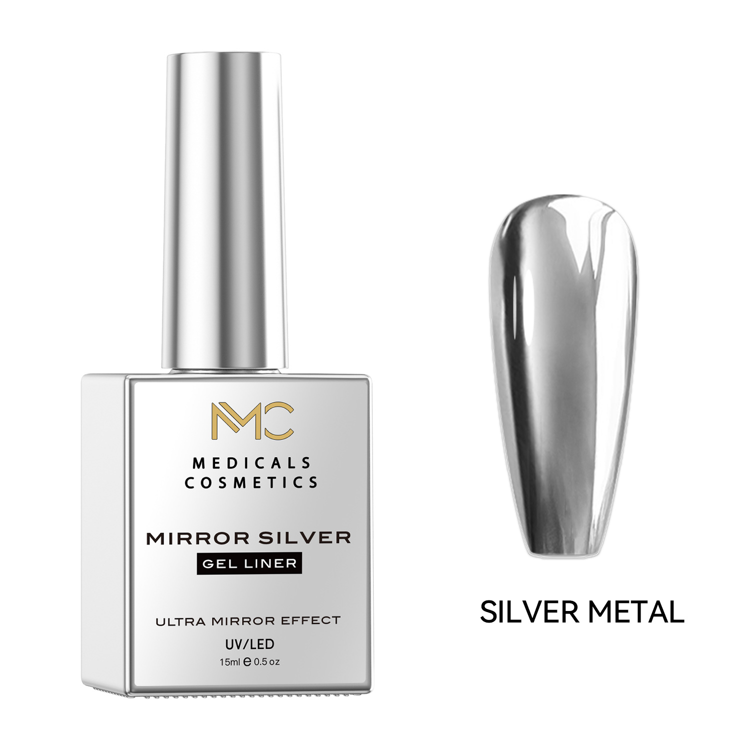 LINER GEL 02 METAL - PROFESSIONAL MEDICALS COSMETICS - SILVER 
Magas fedésű UV/LED fényes liner gél tükörhatással - ezüst