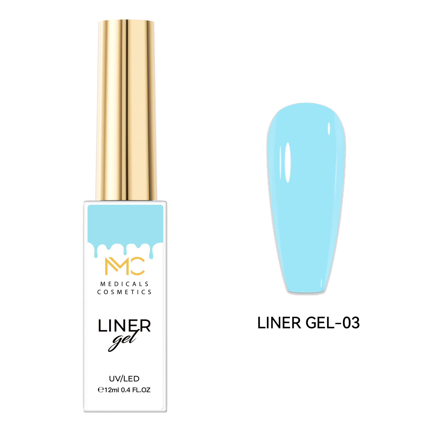 REGULAR LINER GEL 03 - PROFESSIONAL MEDICALS COSMETICS - BLUE 
Magas pigmenttartalmú UV/LED gél a körmök precíz díszítéséhez friss türkiz árnyalatban