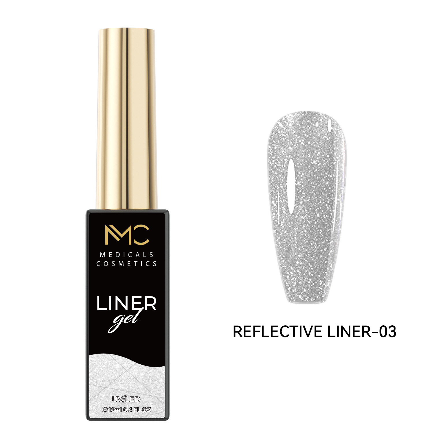 REFLECTIVE LINER GEL 03 - PROFESSIONAL MEDICALS COSMETICS - SILVER 
UV/LED gél körömdekoráláshoz, ultra finom, reflektáló csillámporral ezüst árnyalatban