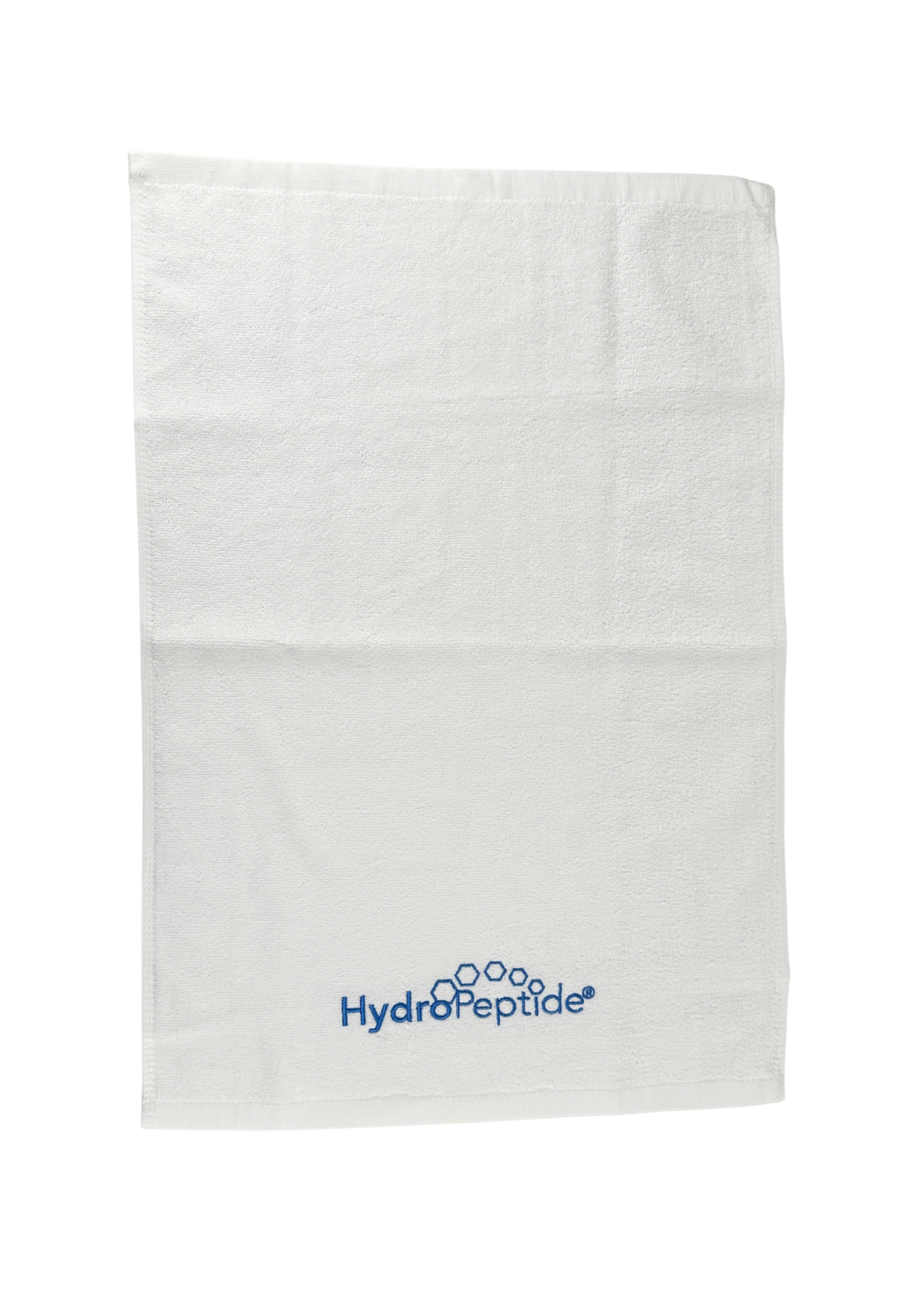 TOWEL HYDROPEPTIDE SMALL, WHITE WITH BLUE LOGO 
40x60 cm HydroPeptide logóval ellátott kis pamut törölköző, fehér kék hímzéssel