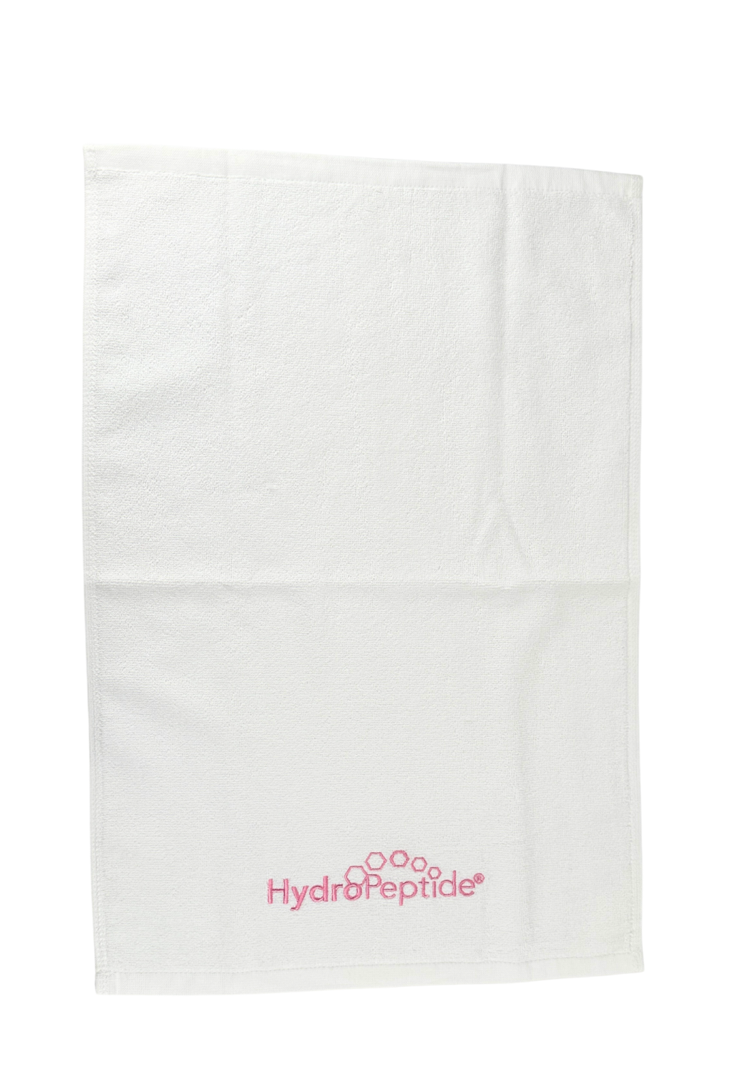 TOWEL HYDROPEPTIDE SMALL, WHITE WITH PINK LOGO 
40x60 cm HydroPeptide logóval ellátott kis pamut törölköző, fehér rózsaszín hímzéssel