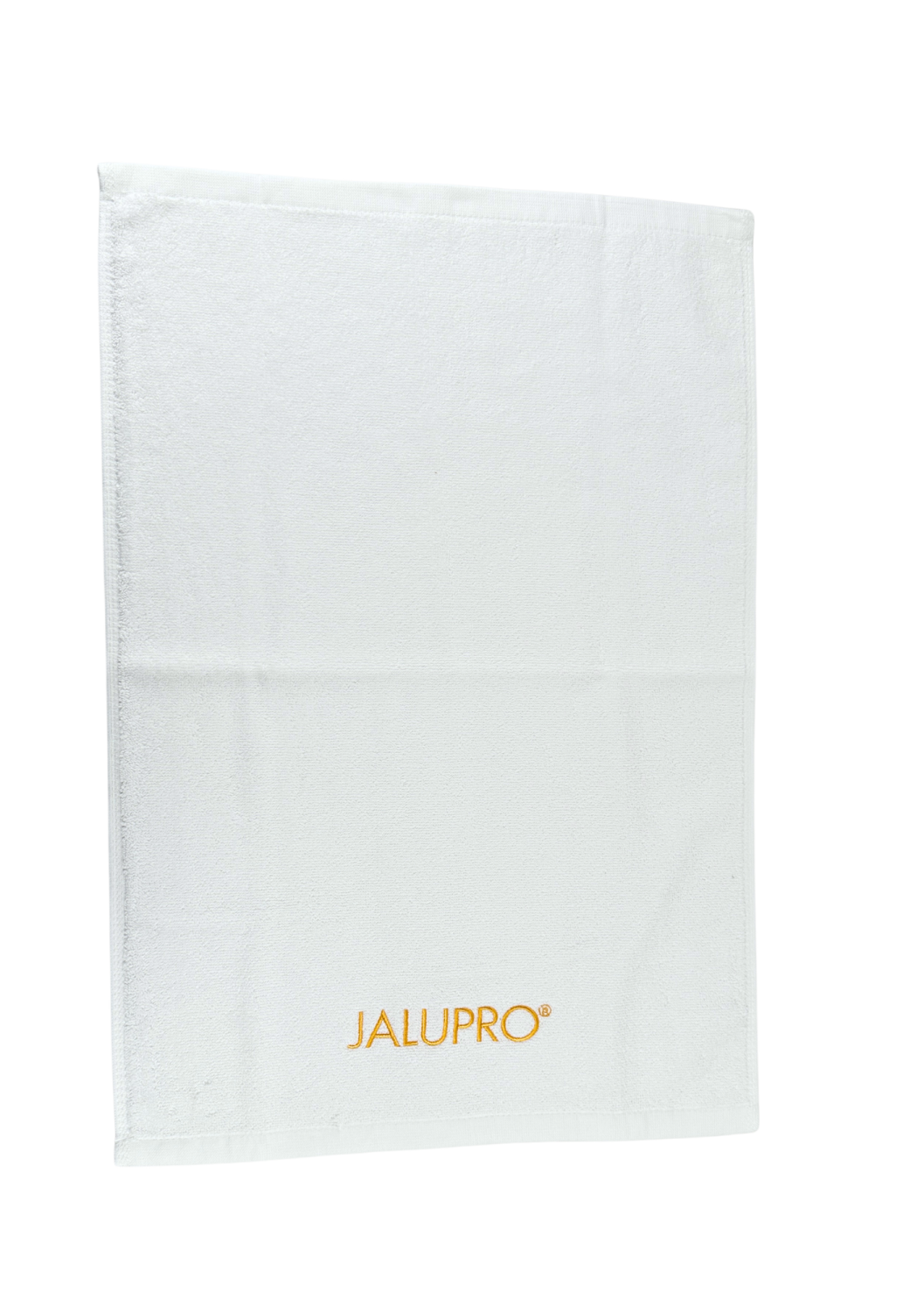 TOWEL JALUPRO SMALL, WHITE WITH GOLDEN LOGO 
40x60 cm Jalupro logóval ellátott kis pamut törölköző, fehér arany hímzéssel