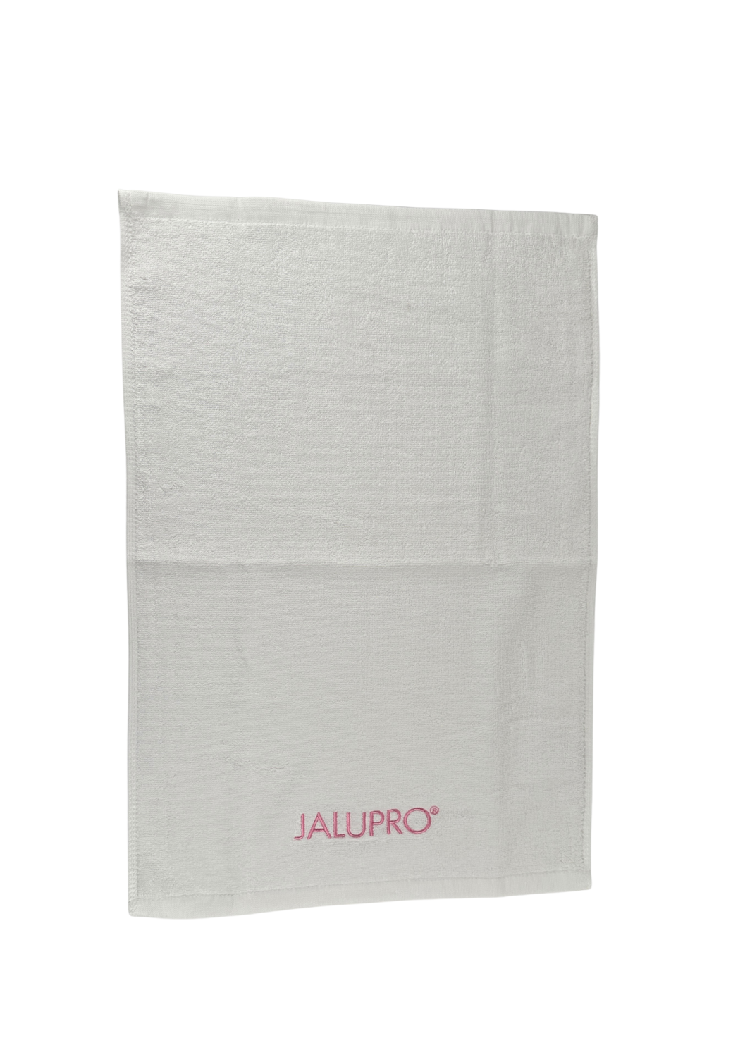 TOWEL JALUPRO SMALL, WHITE WITH PINK LOGO 
40x60 cm Jalupro logóval ellátott kis pamut törölköző, fehér rózsaszín hímzéssel