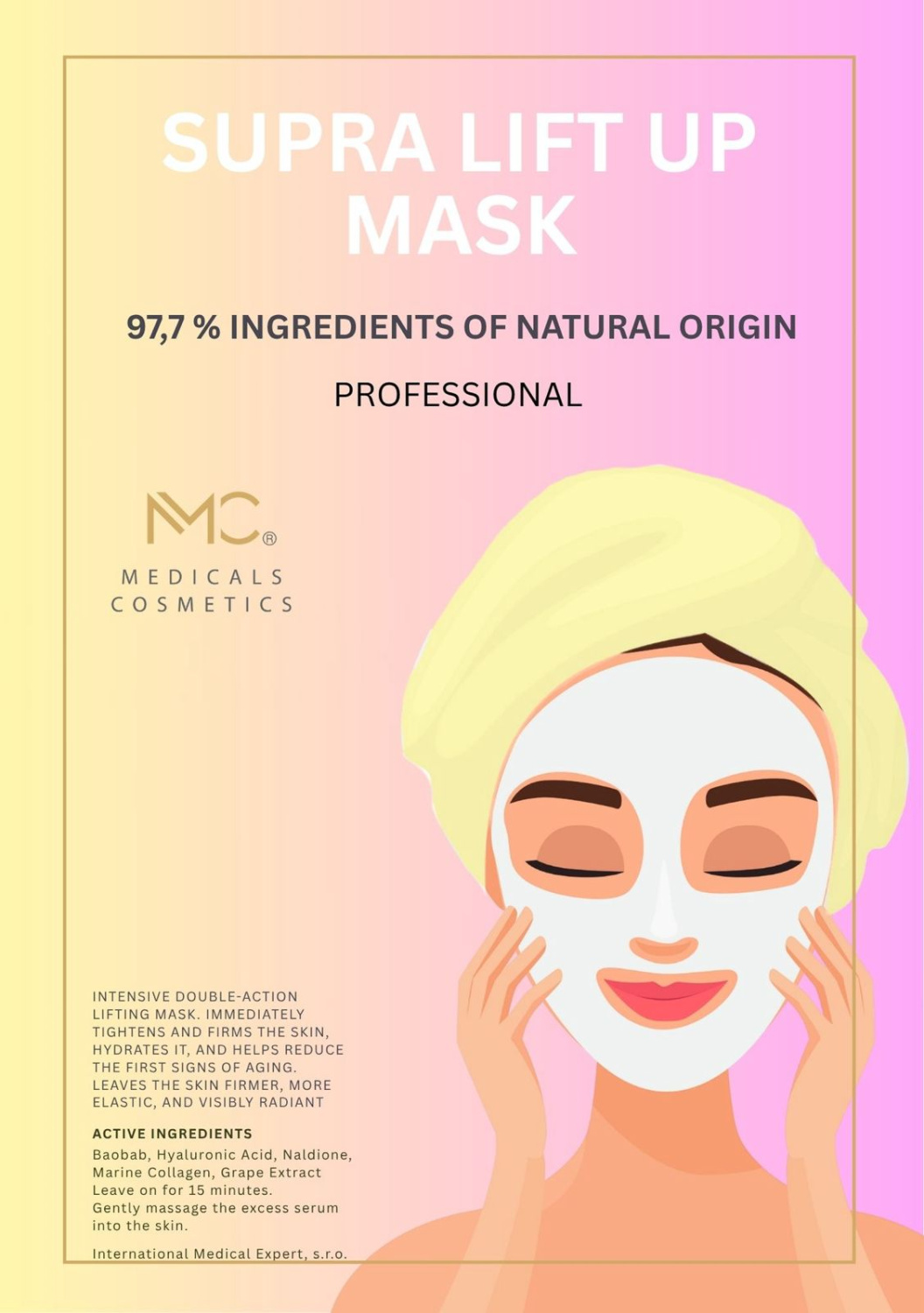 SUPRA LIFT UP MASK 
Hidrolizáló anti-age textilmaszk hialuronsavval, tengeri kollagénnel és növényi antioxidánsokkal