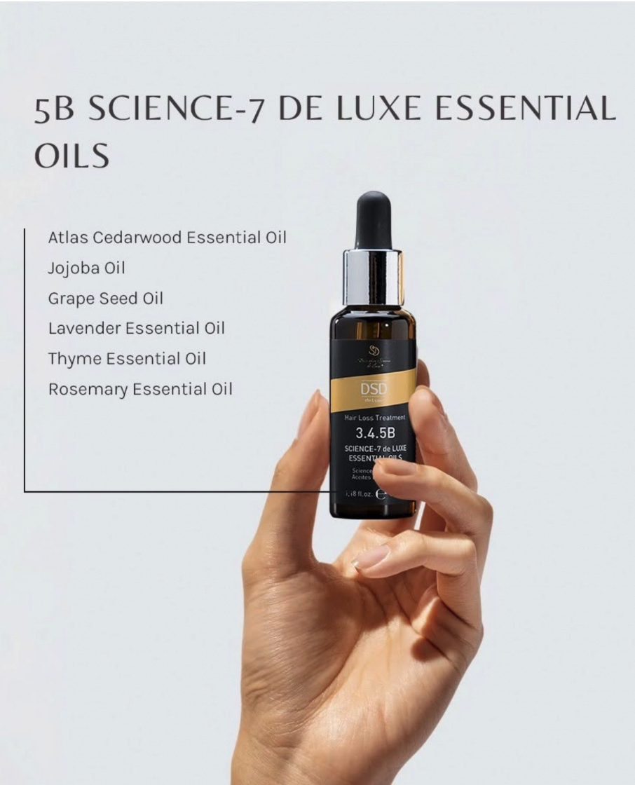 DSD SIMONE DE LUXE SCIENCE 7 ESSENTIAL OILS 
3.4.5 B Pszoriázis, száraz haj esetén. Hajnövekedést stimuláló esszenciális olaj komplexum. Magas koncentráció. 35 ml
